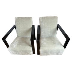 Sophisticated Pair of Ebonized Wood and Gray Velvet Upholstered Club Chairs
