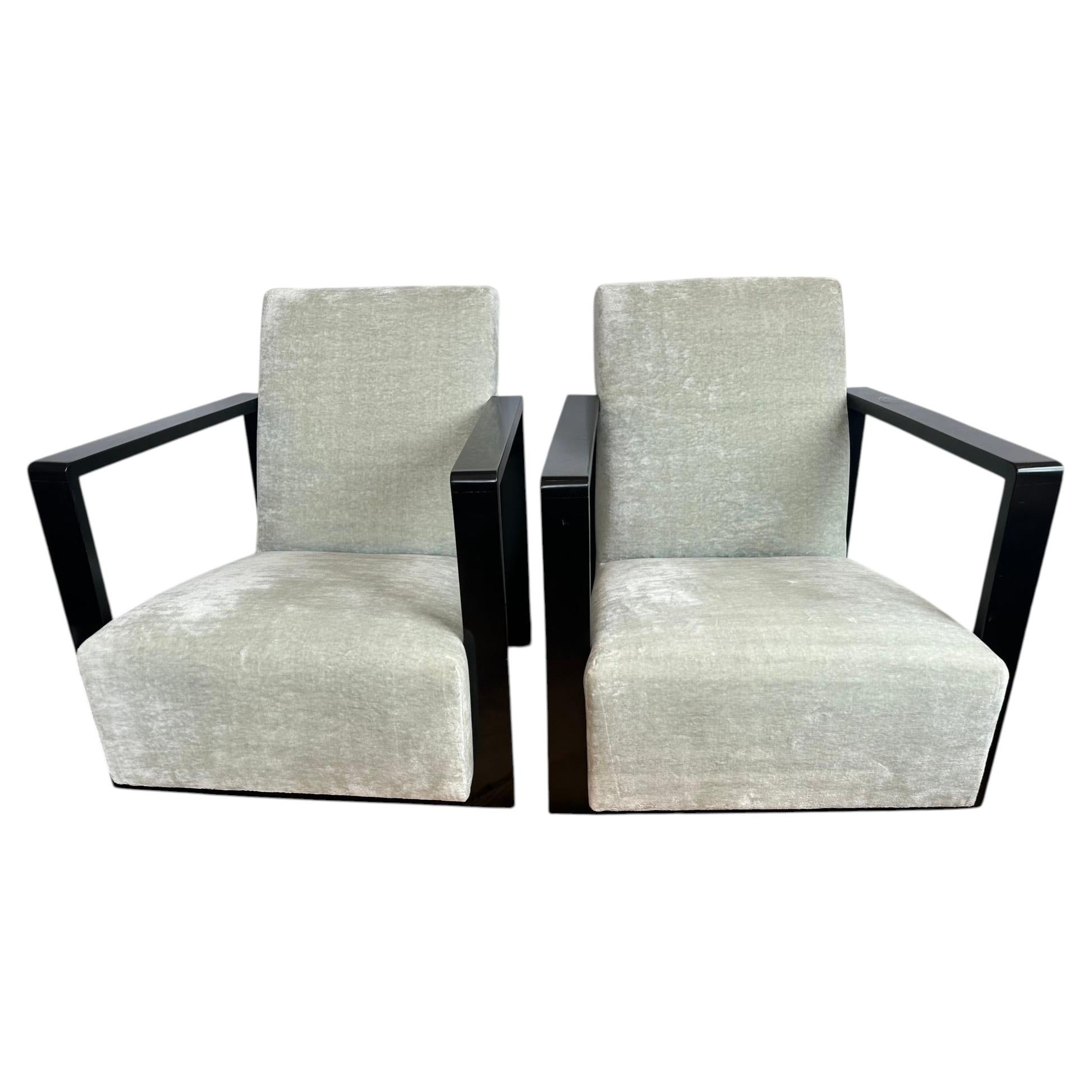 Sophisticated Pair of Ebonized Wood and Linen Velvet Upholstered Club Chairs