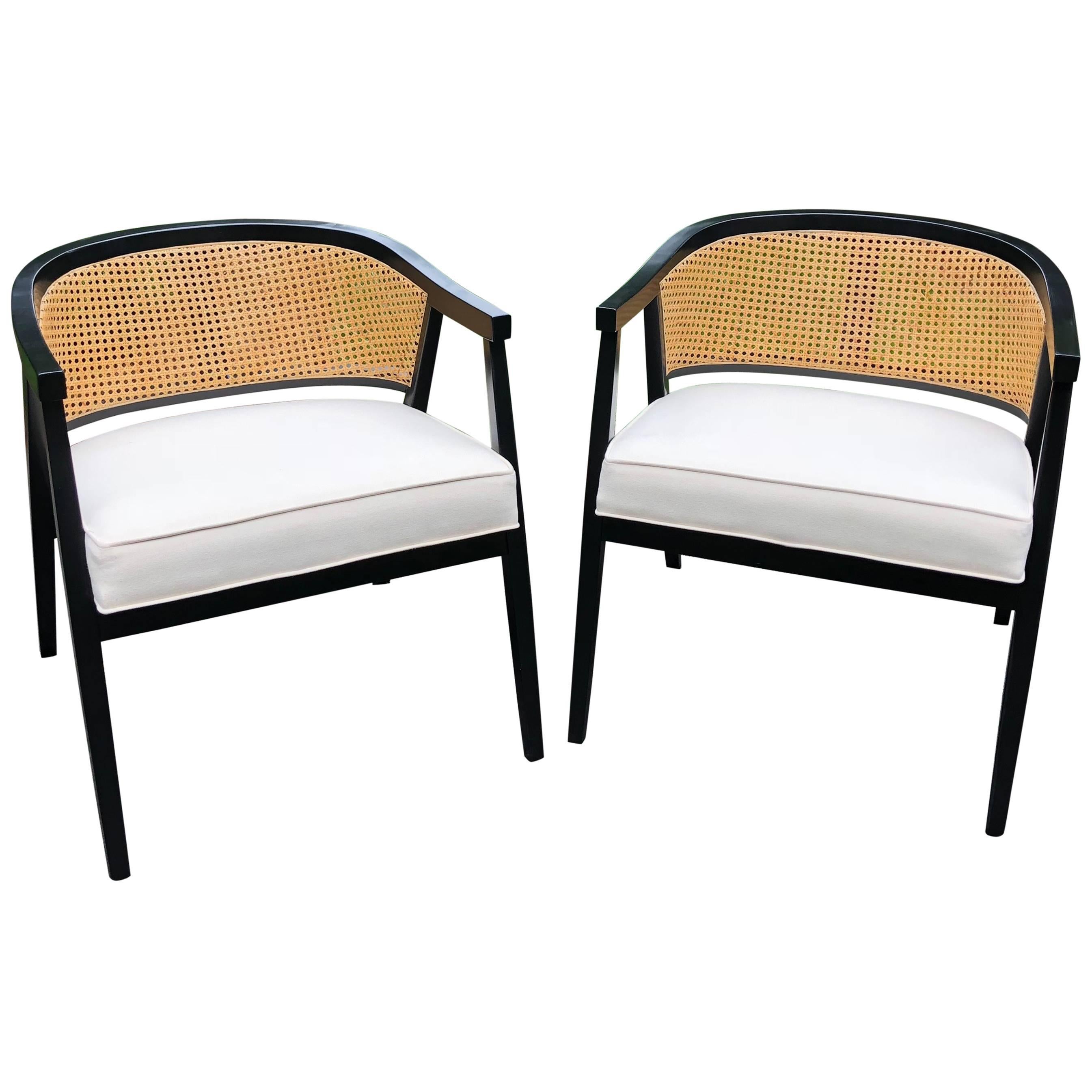 Sophisticated Pair of Harvey Probber Style Caned Barrel Back Club Chairs
