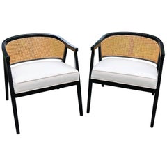 Vintage Sophisticated Pair of Harvey Probber Style Caned Barrel Back Club Chairs