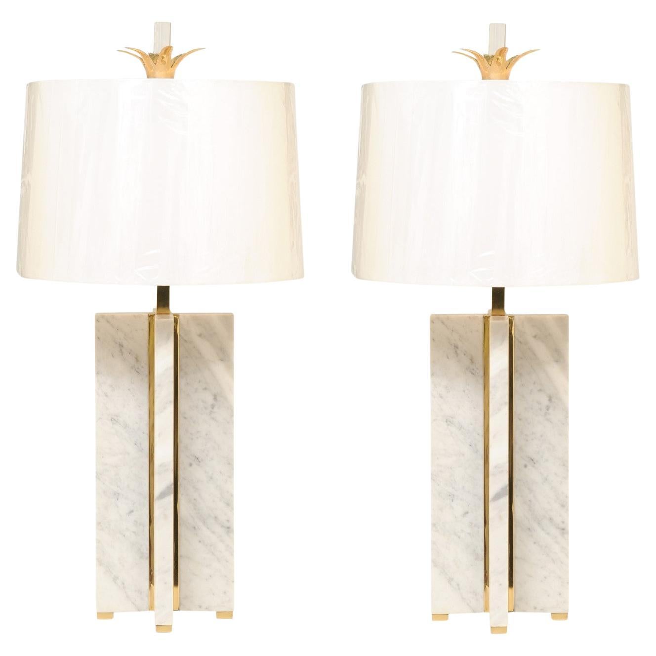 Sophisticated Pair of Heavy-Duty Vintage Marble and Brass Lamps For Sale
