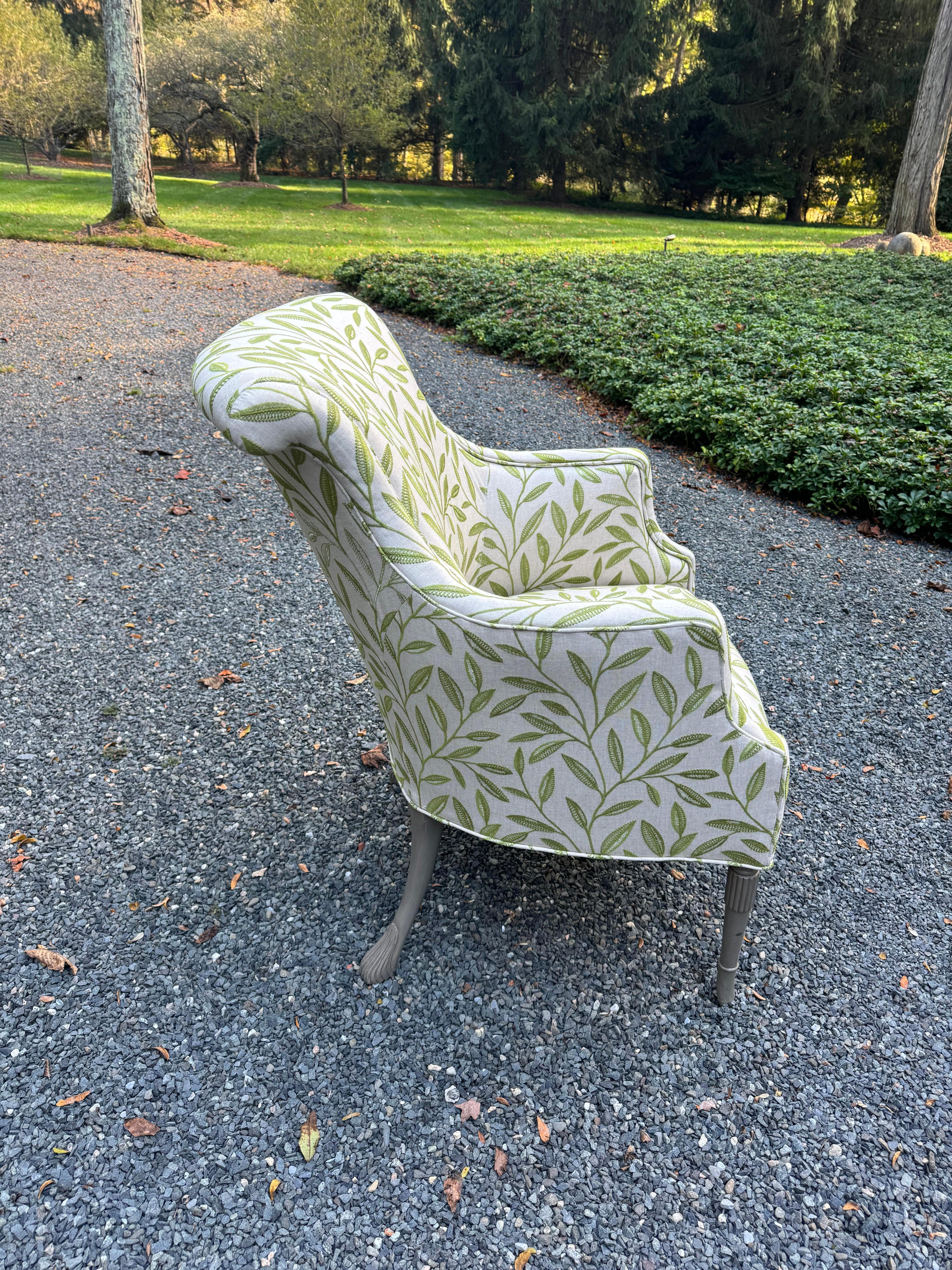 American Sophisticated Pair of Leaf Motif Upholstered Club Chairs