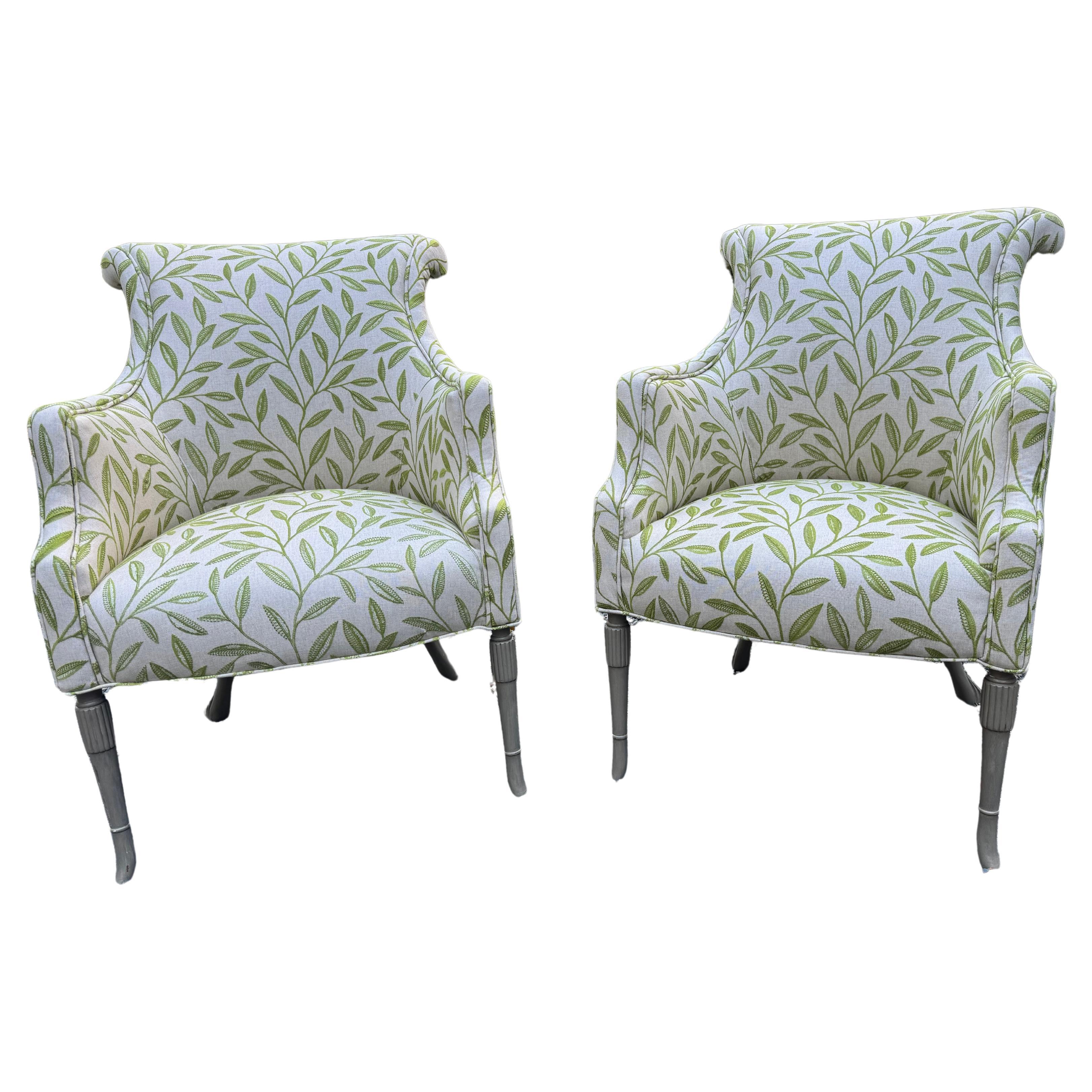Sophisticated Pair of Leaf Motif Upholstered Club Chairs
