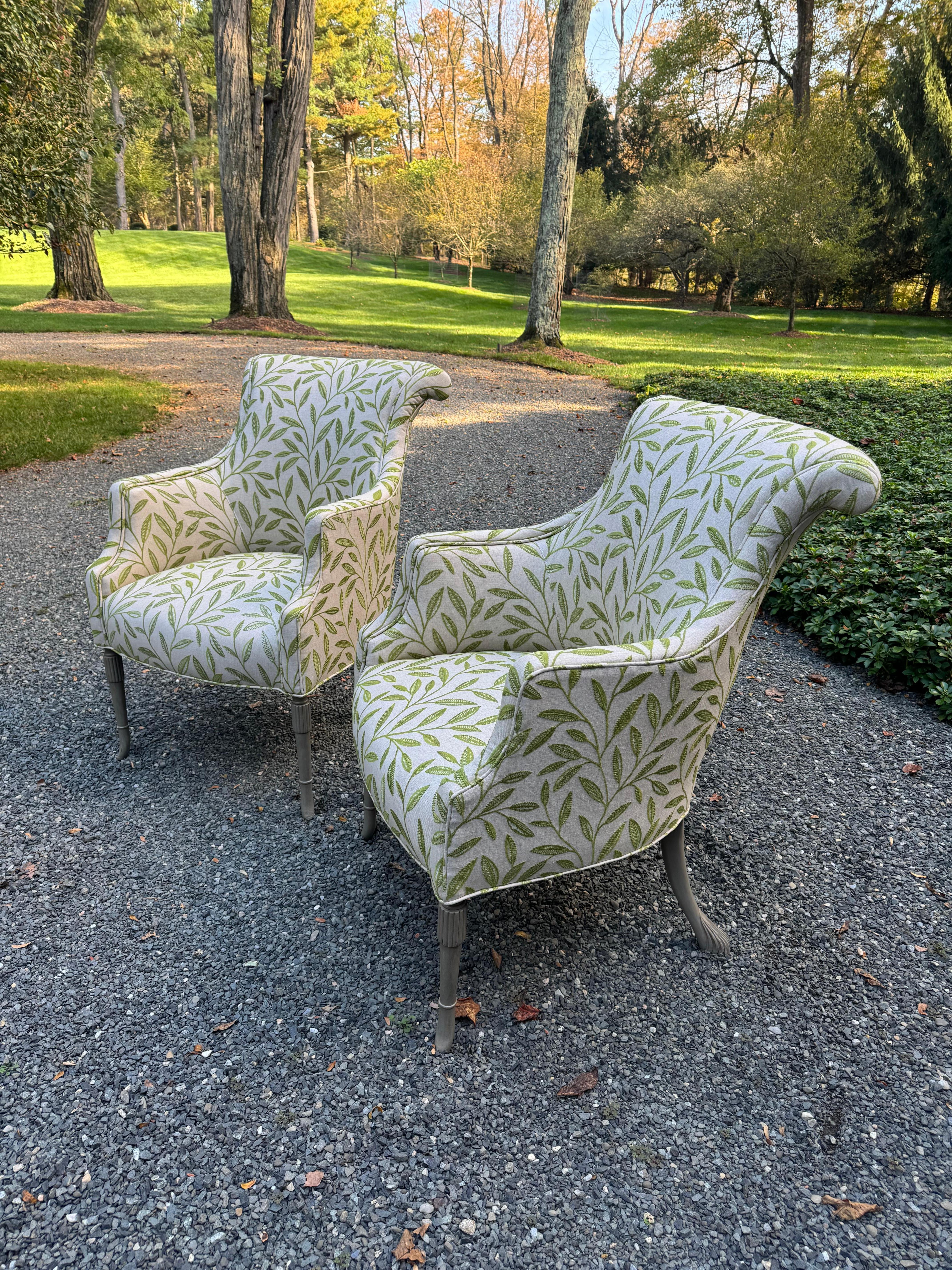 Sophisticated Pair of Leaf Pattern Upholstered Club Chairs In Good Condition For Sale In Hopewell, NJ