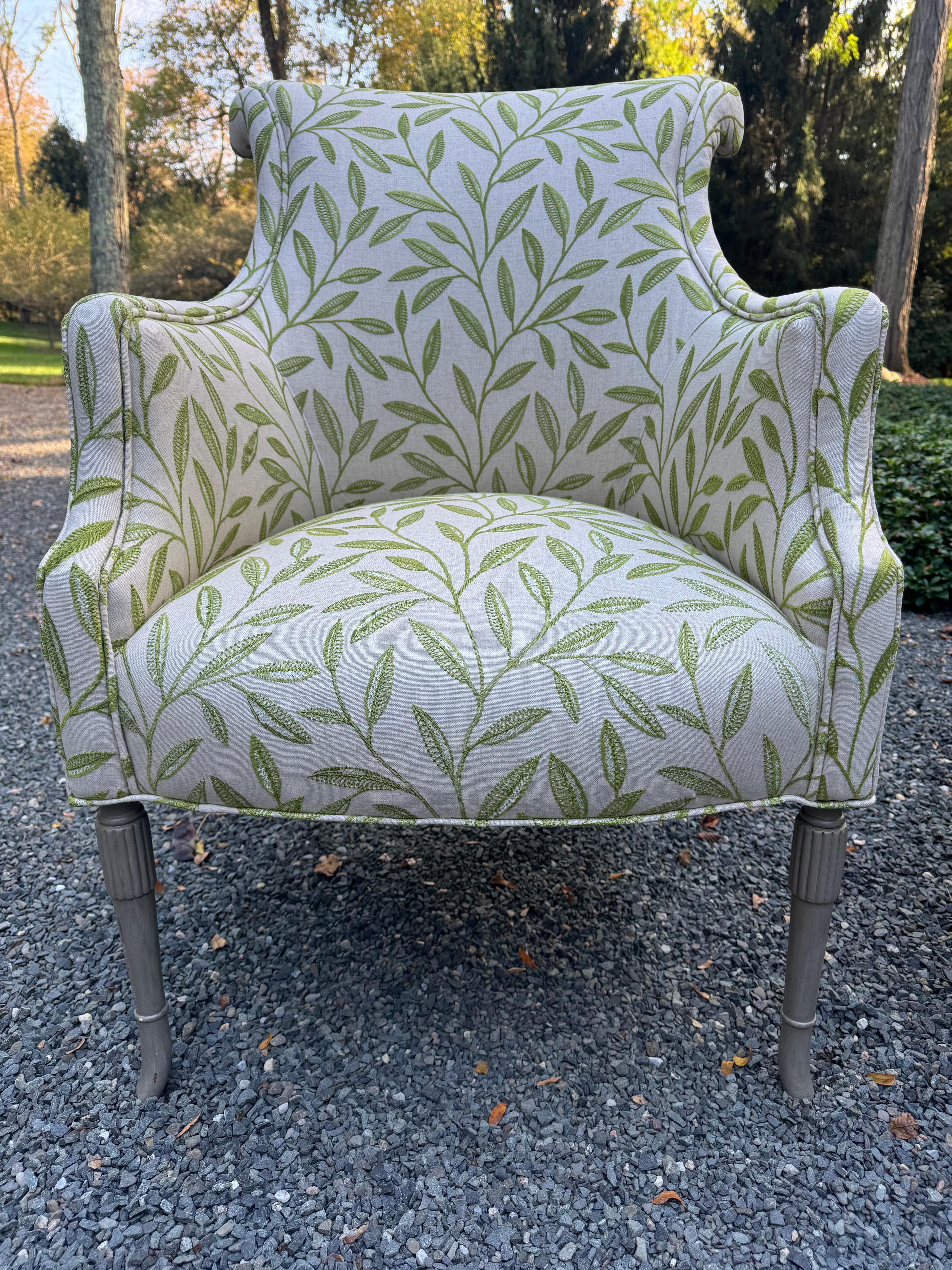 Contemporary Sophisticated Pair of Leaf Pattern Upholstered Club Chairs