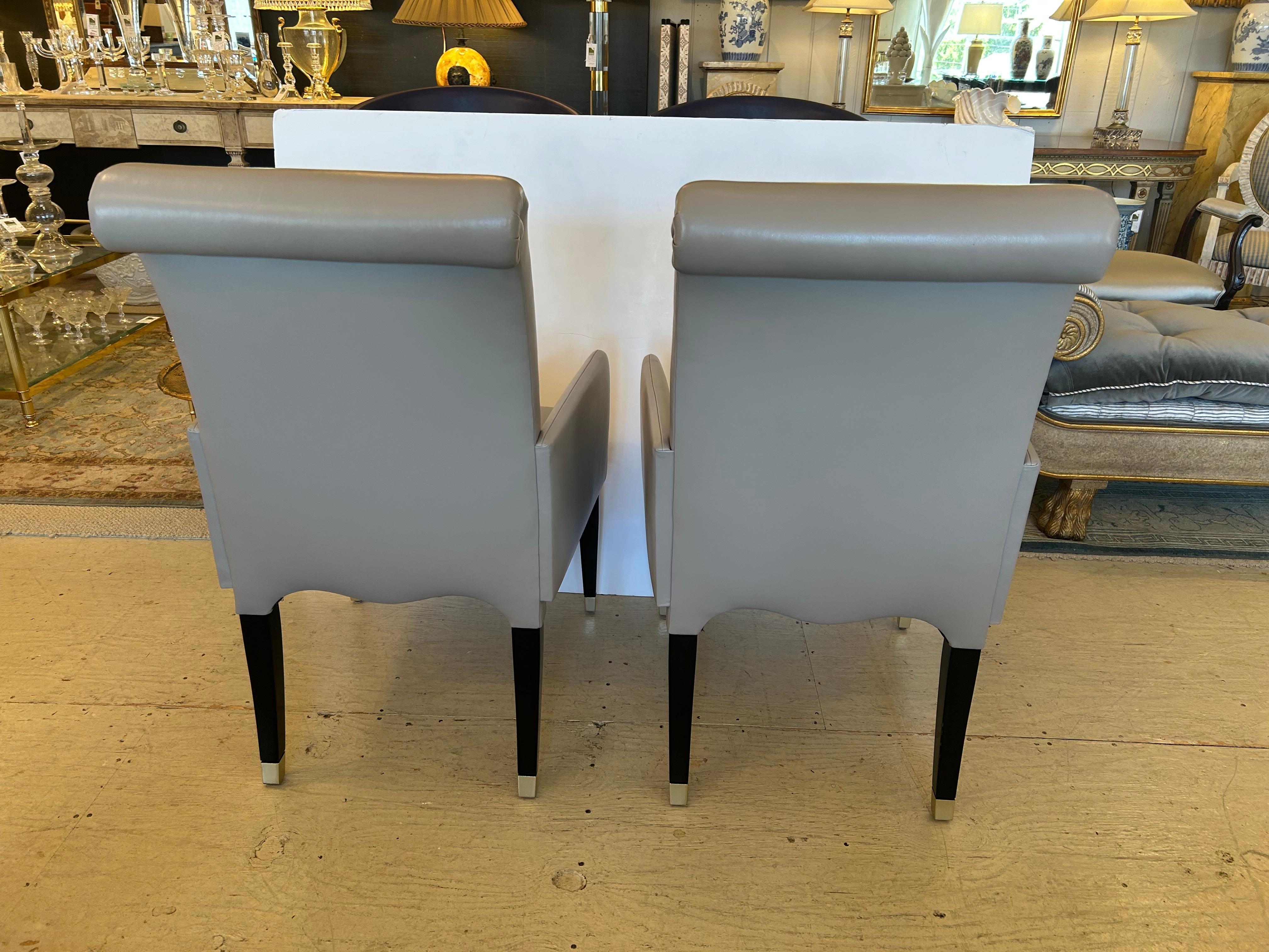 Sophisticated Pair of Tailored Custom Taupe Leather Club Chairs For Sale 4