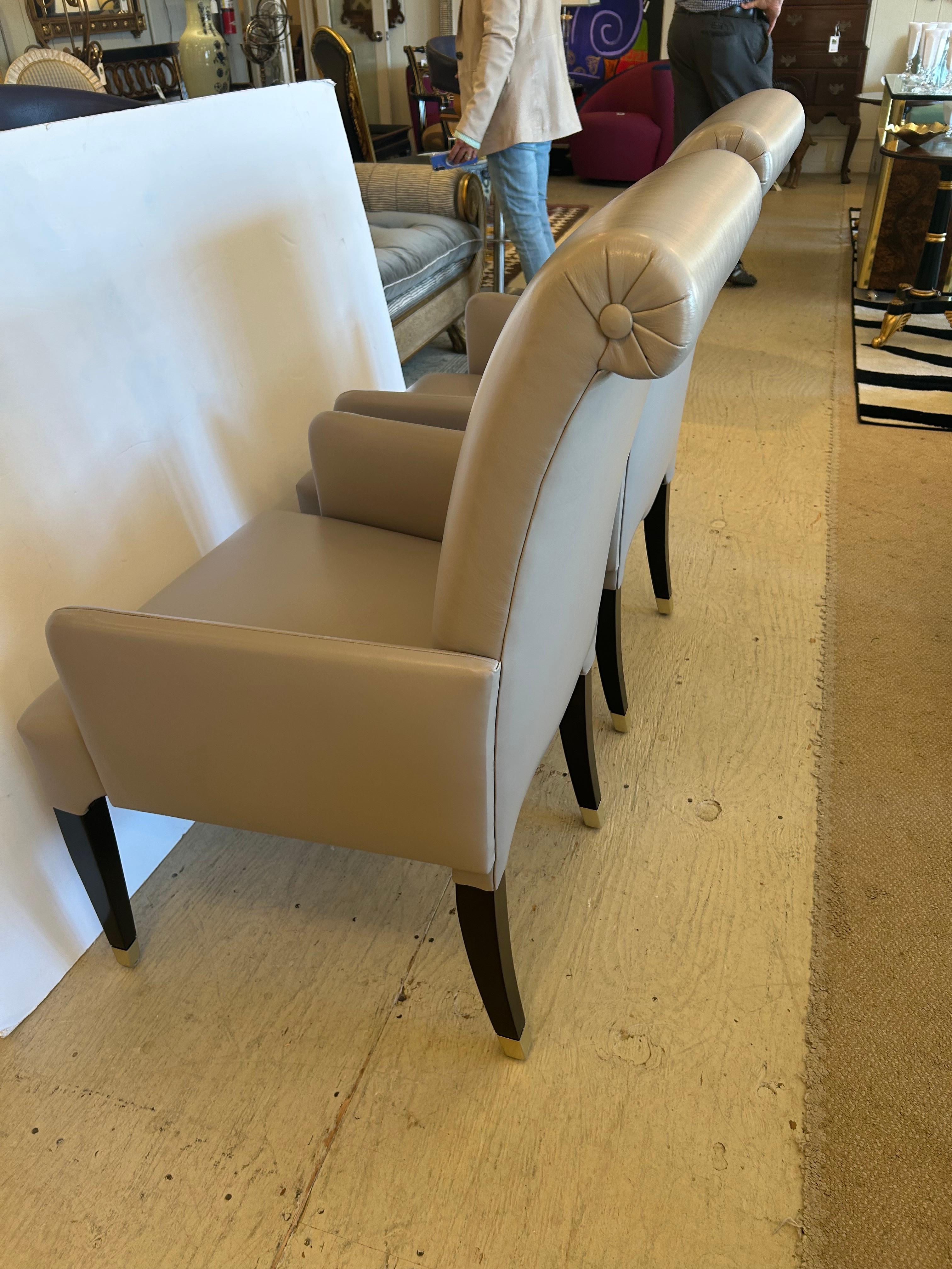 Sophisticated Pair of Tailored Custom Taupe Leather Club Chairs For Sale 5