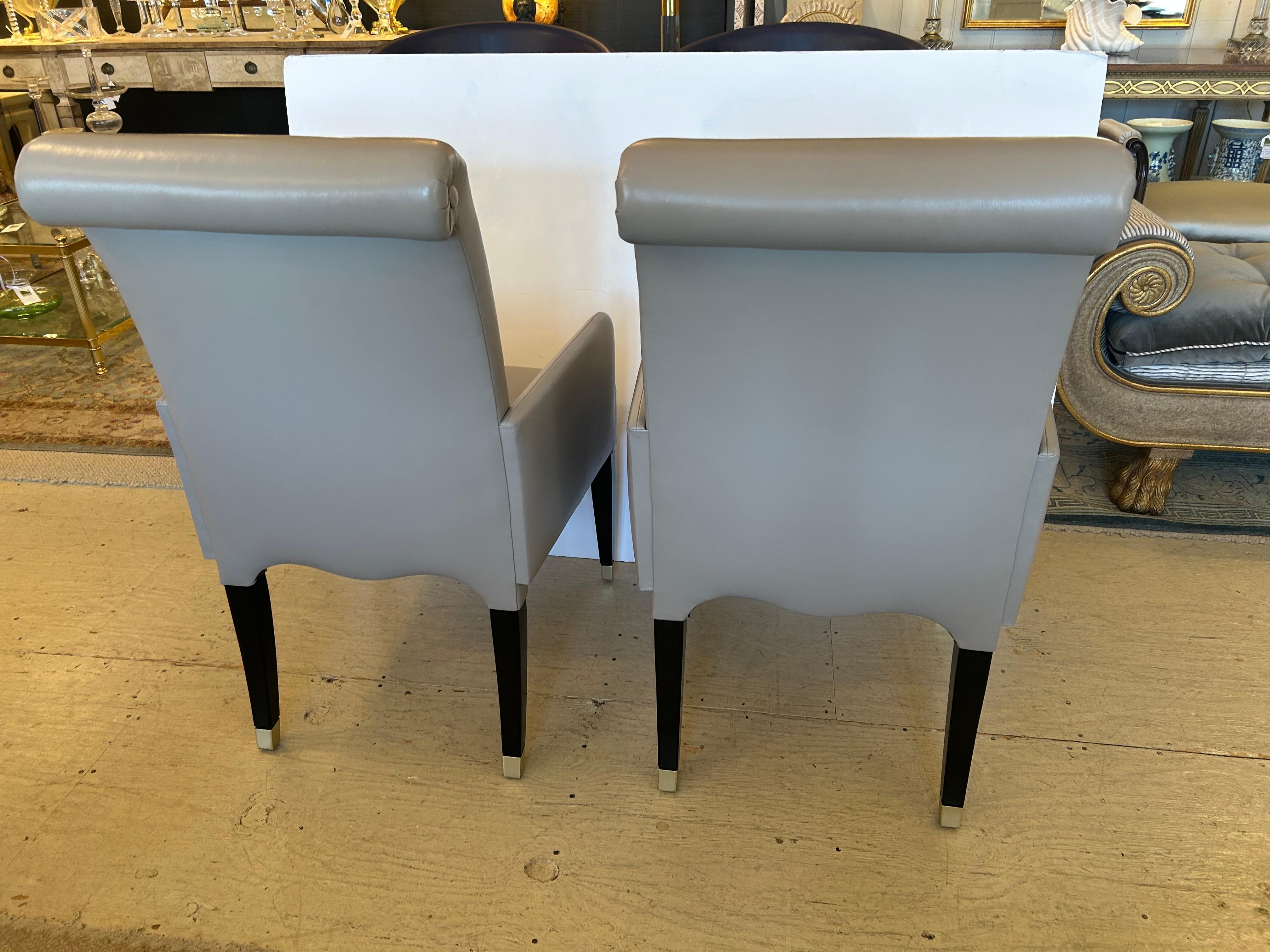 Sophisticated Pair of Tailored Custom Taupe Leather Club Chairs For Sale 6