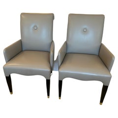 Sophisticated Pair of Tailored Custom Taupe Leather Club Chairs
