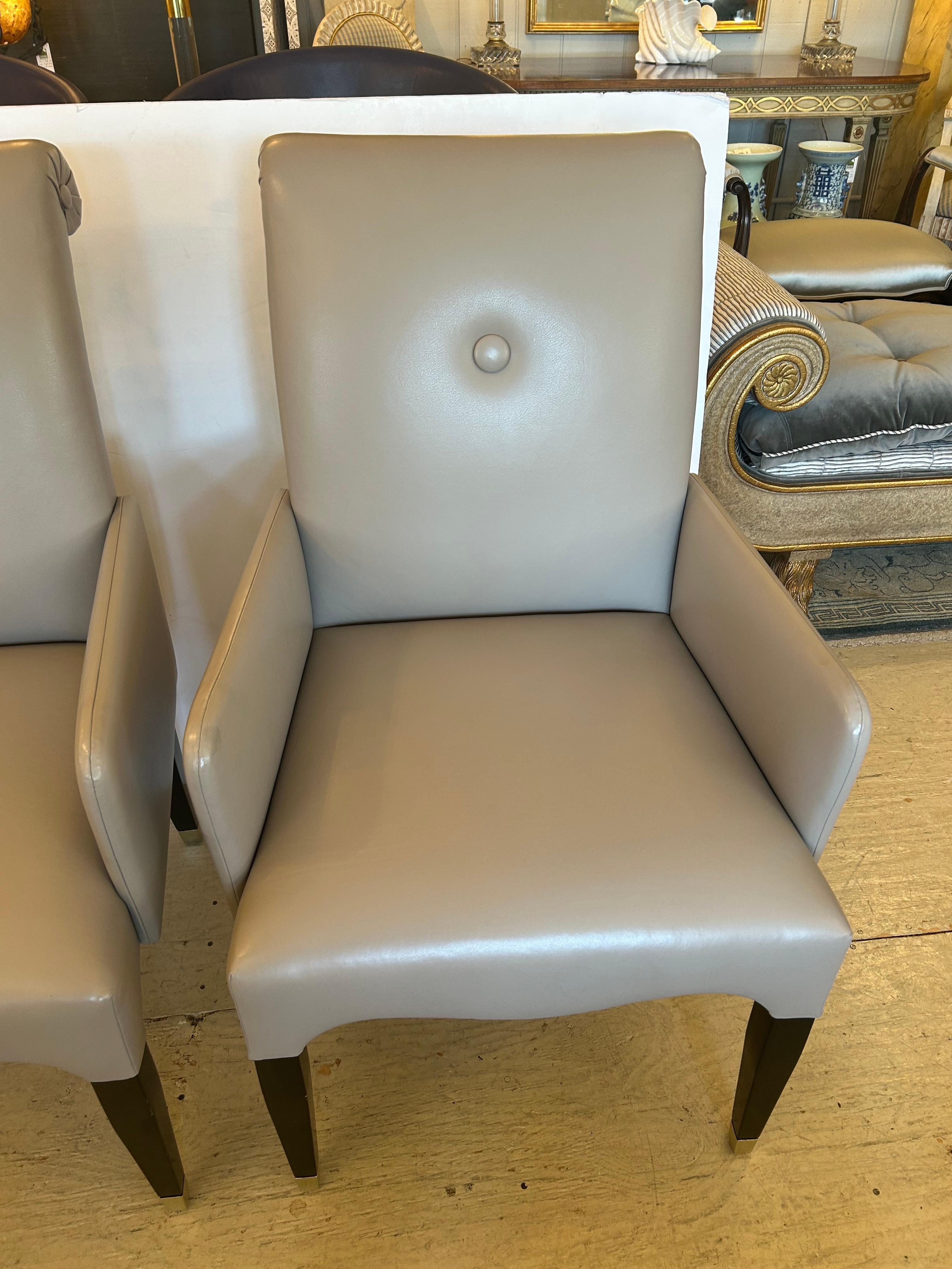 Modern Sophisticated Pair of Tailored Custom Taupe Leather Club Chairs For Sale