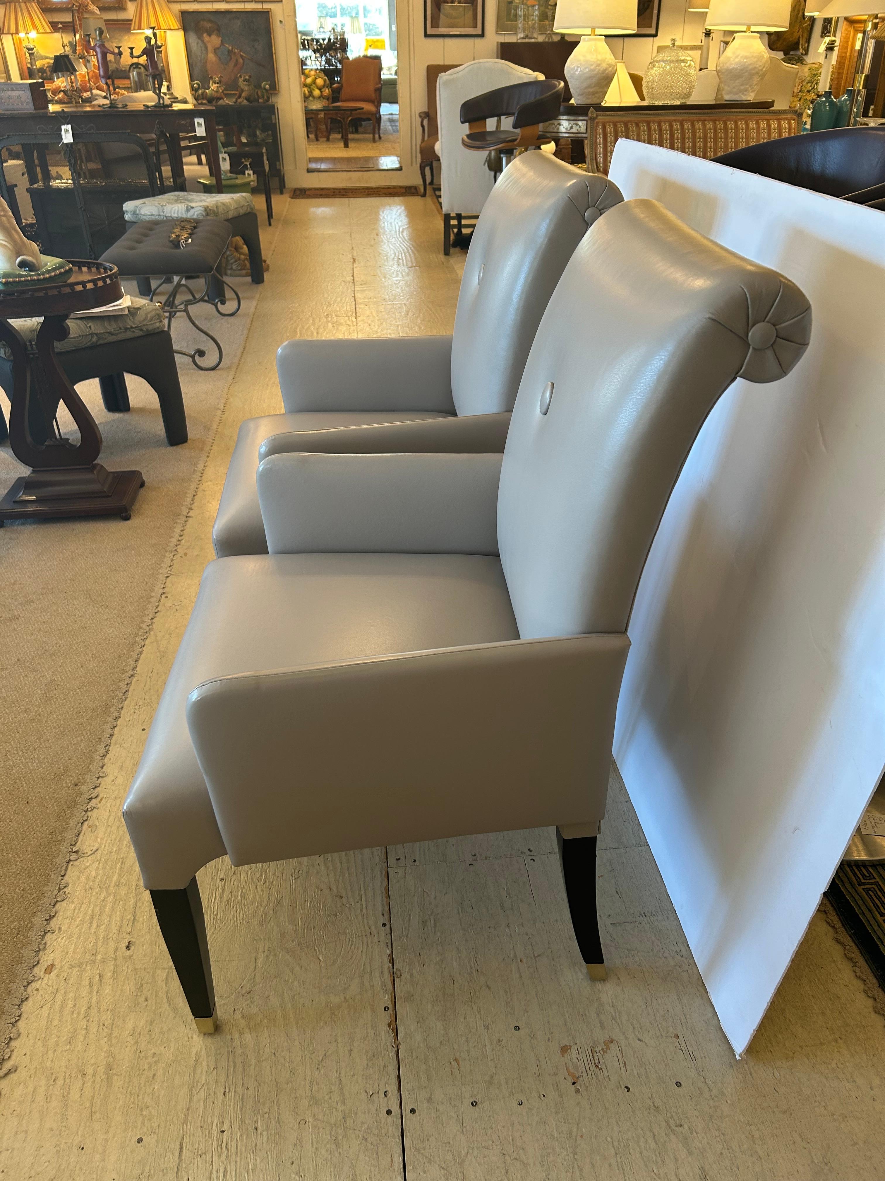 American Sophisticated Pair of Tailored Custom Taupe Leather Club Chairs For Sale