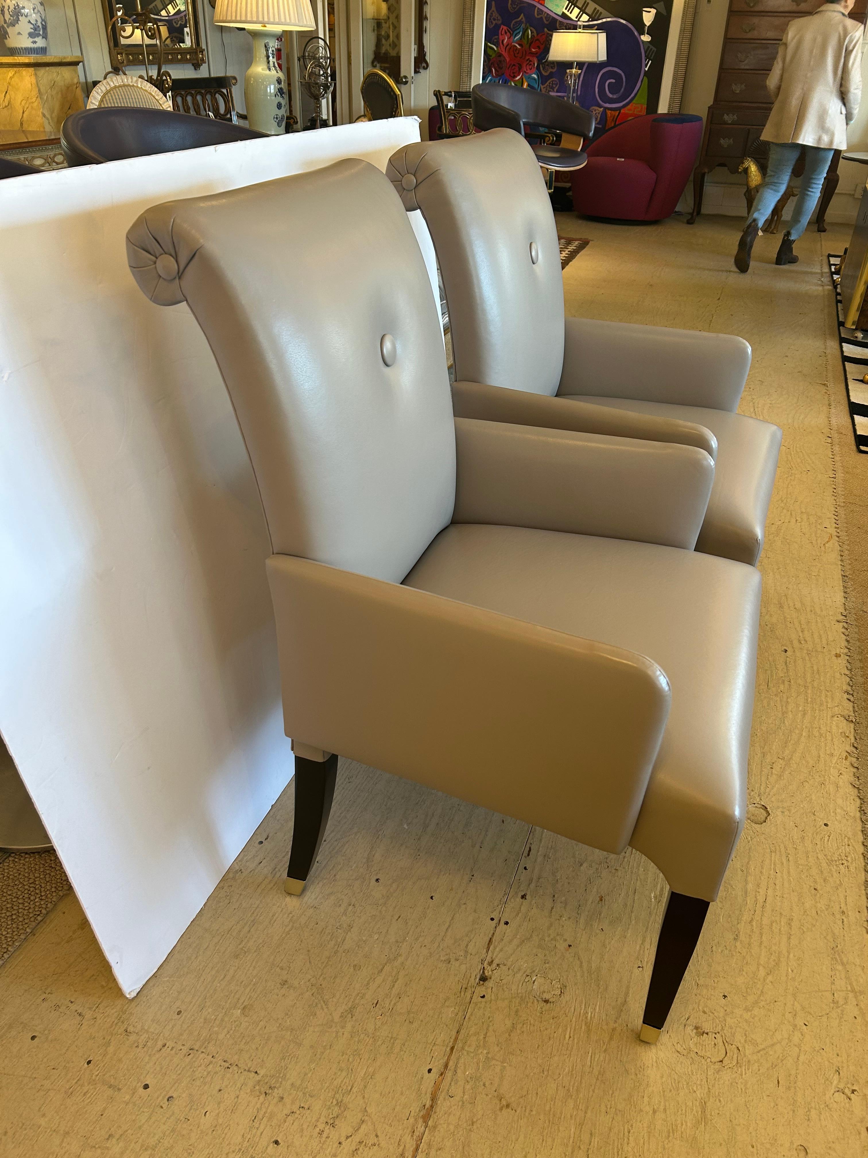 Sophisticated Pair of Tailored Custom Taupe Leather Club Chairs In Good Condition For Sale In Hopewell, NJ