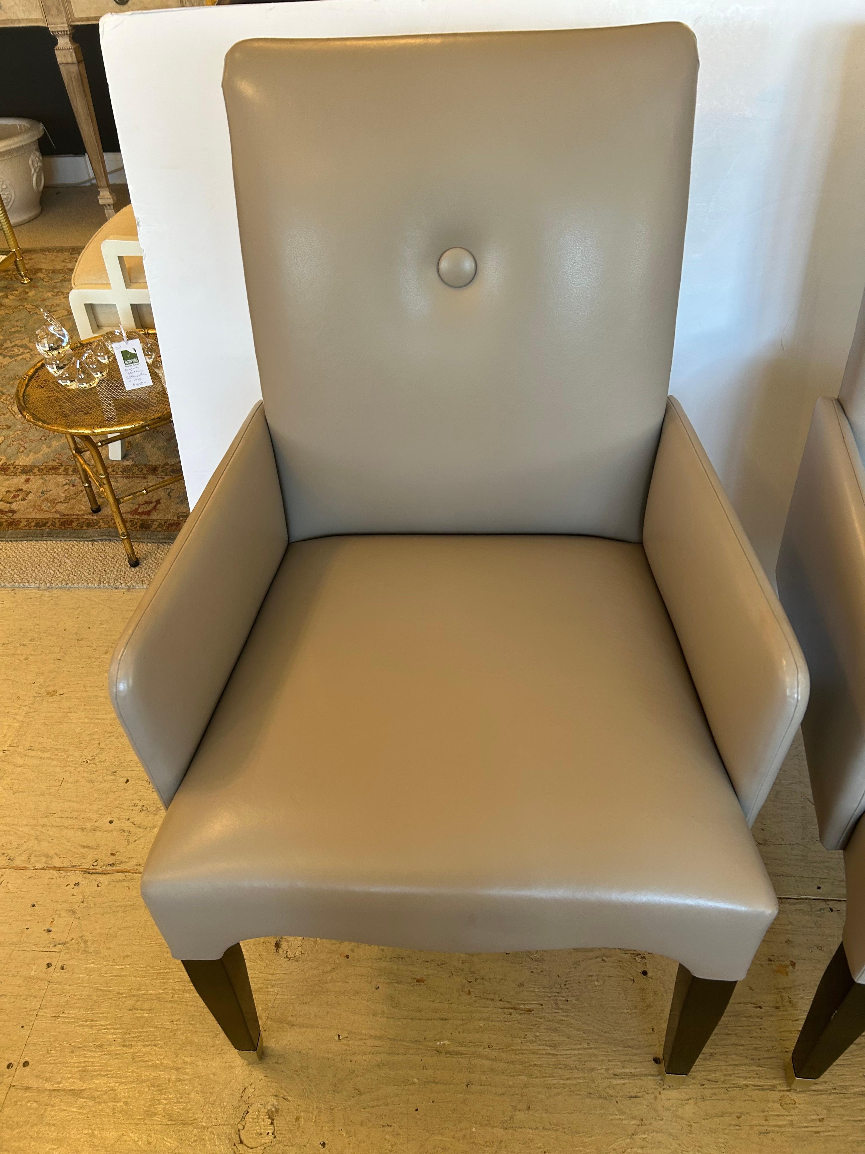 Contemporary Sophisticated Pair of Tailored Custom Taupe Leather Club Chairs For Sale