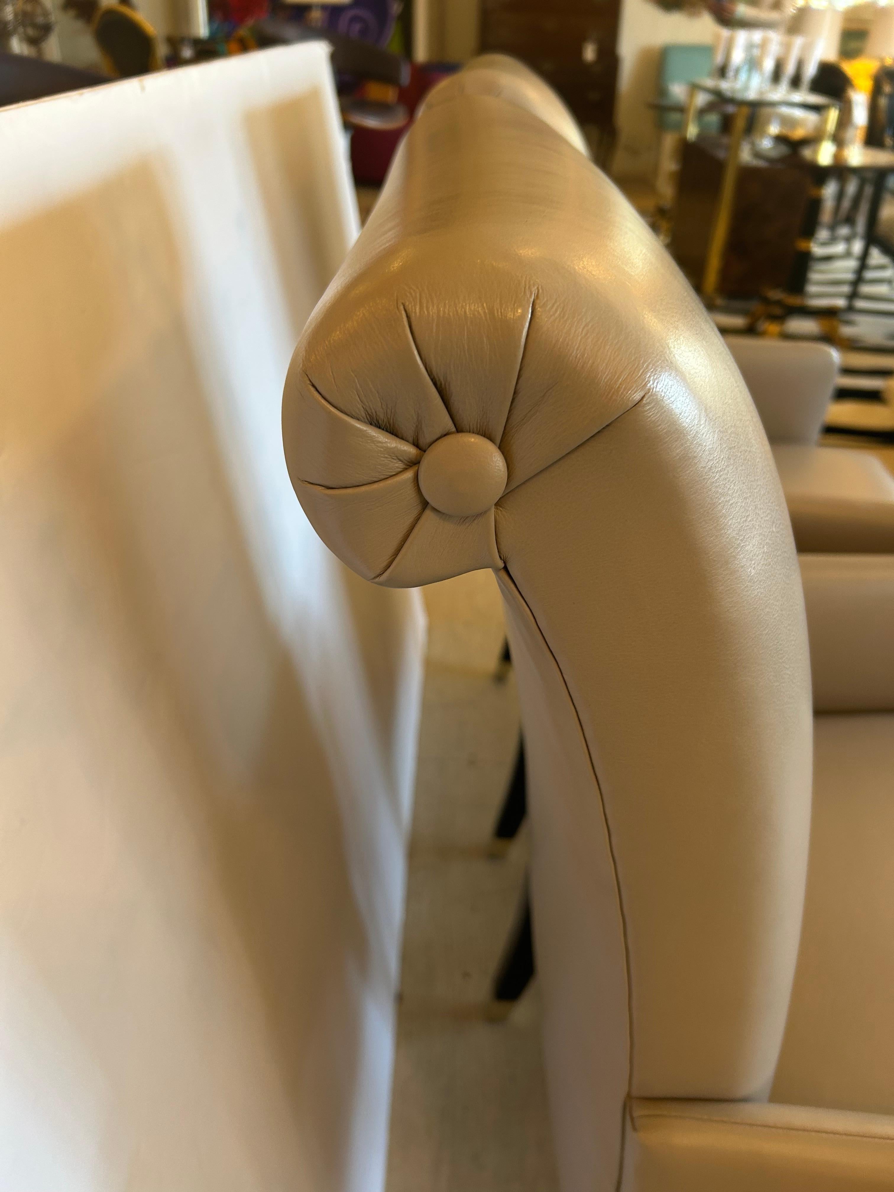 Sophisticated Pair of Tailored Custom Taupe Leather Club Chairs For Sale 1
