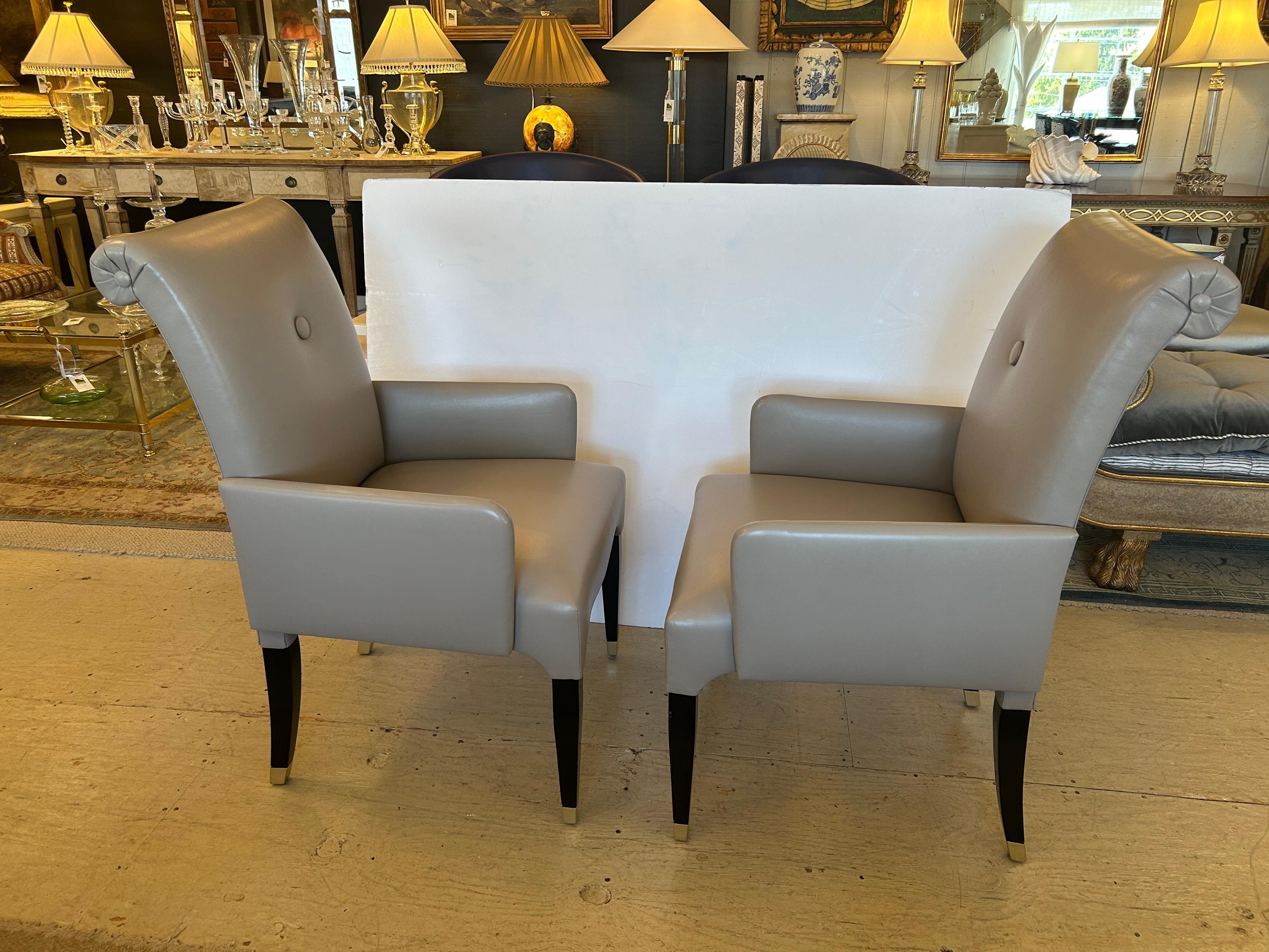 Sophisticated Pair of Tailored Custom Taupe Leather Club Chairs For Sale 3