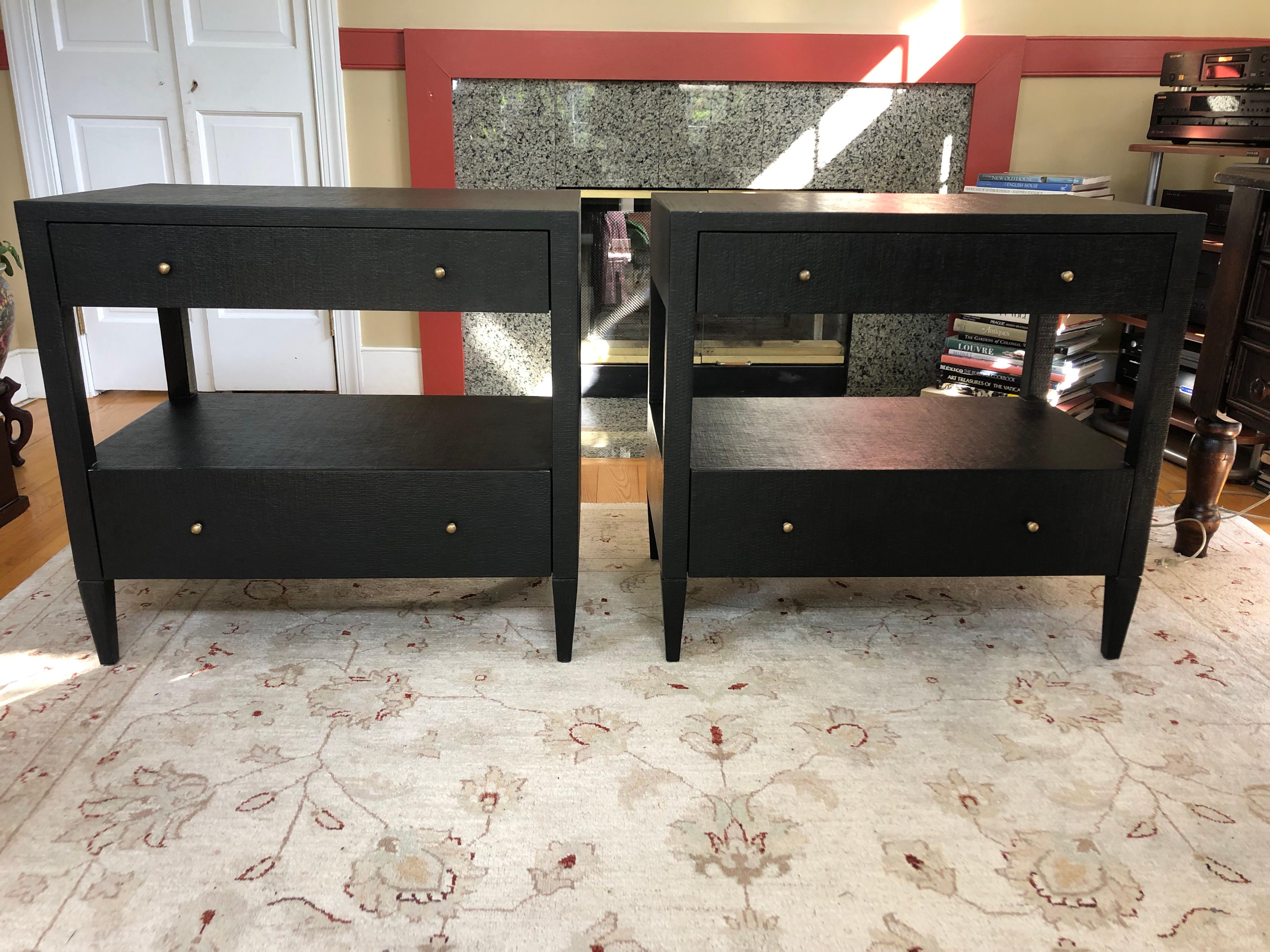 Sophisticated Pair of Two-Drawer Raffia Wrapped Black Nightstands End Tables 4
