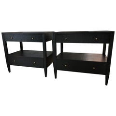Sophisticated Pair of Two-Drawer Raffia Wrapped Black Nightstands End Tables