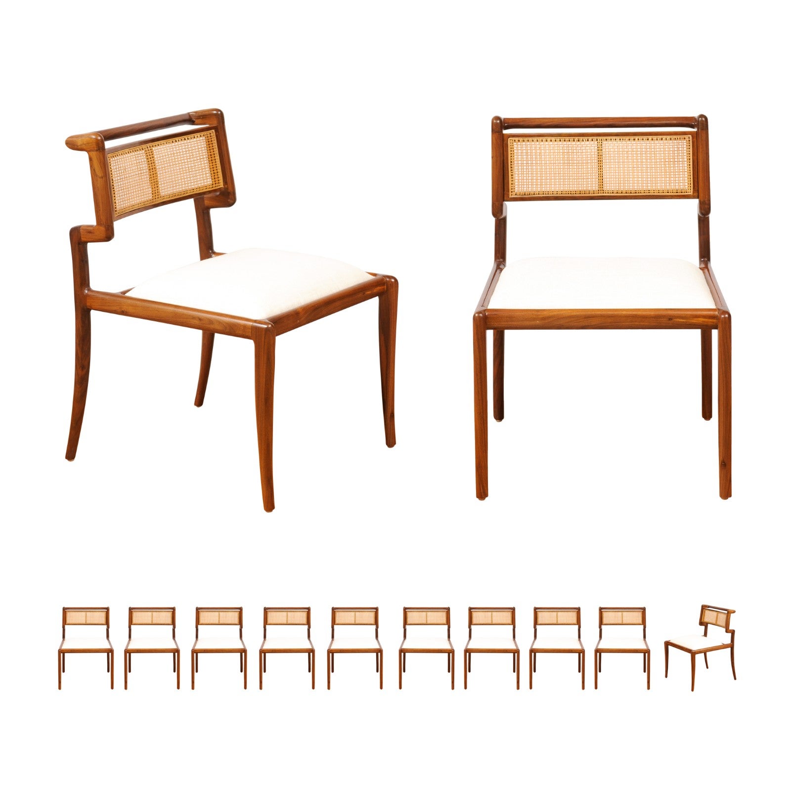 Sophisticated Restored Set of 12 Walnut Klismos Cane Chairs after Charles Allen