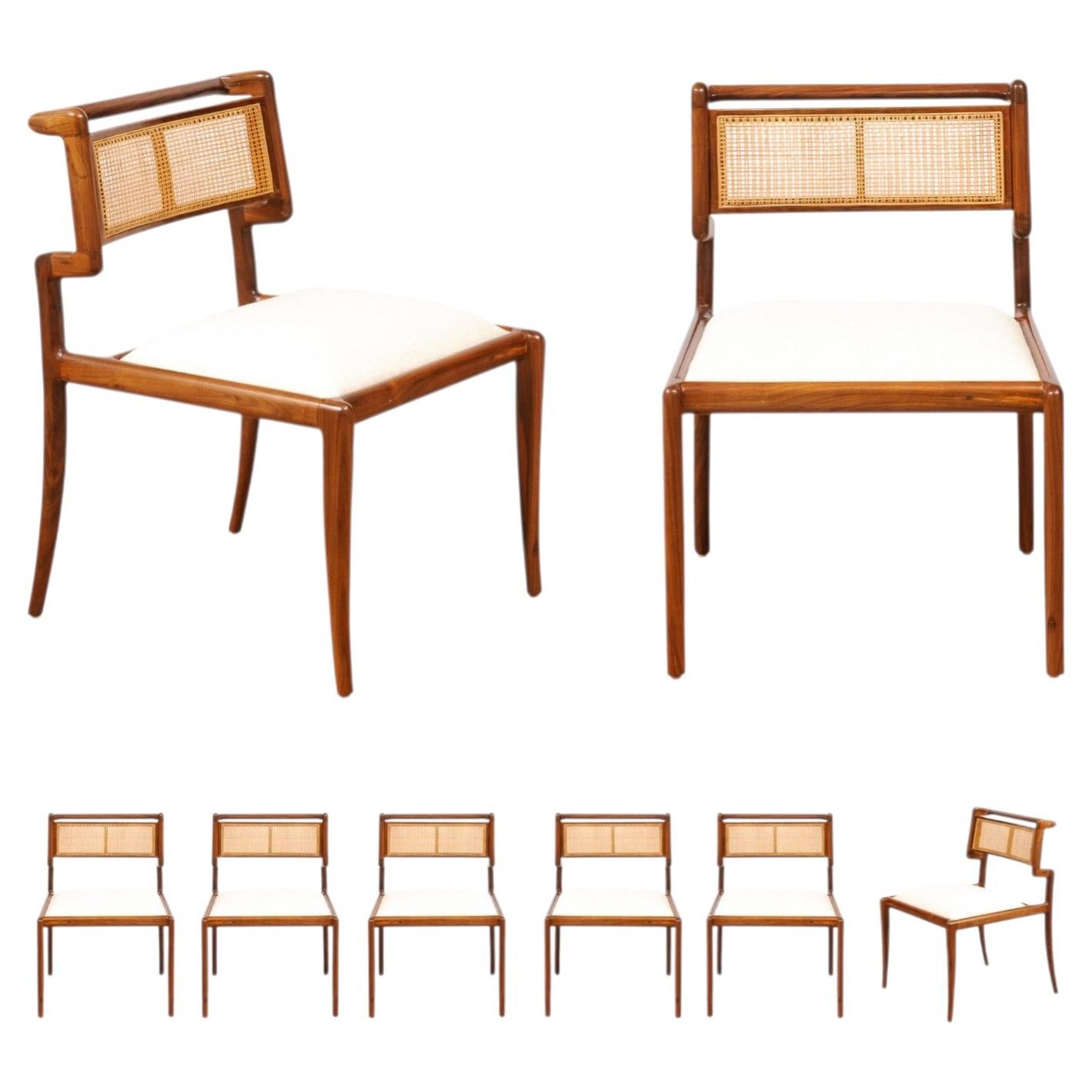 Sophisticated Restored Set of 8 Walnut Klismos Cane Chairs after Charles Allen