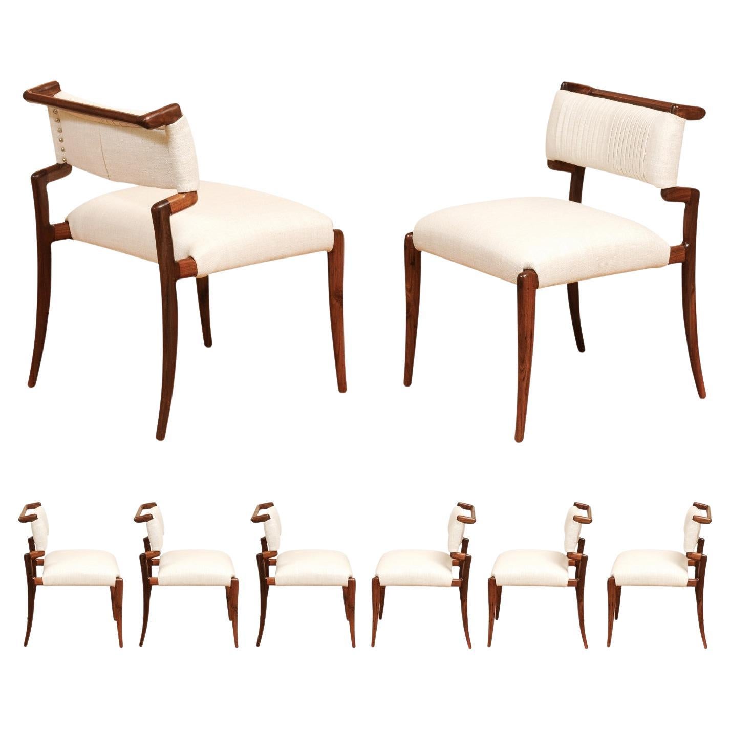 Sophisticated Restored Set of 8 Walnut Klismos Side Chairs after Charles Allen