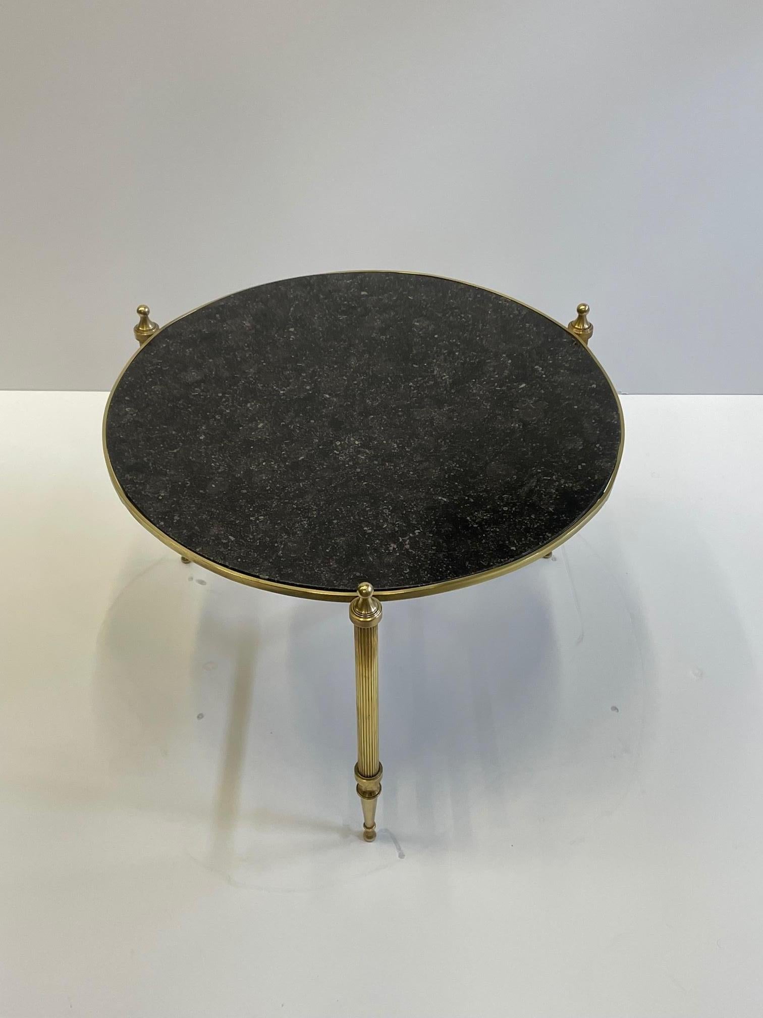 French Sophisticated Round Maison Jansen Style Brass Coffee Table with Black Marble Top