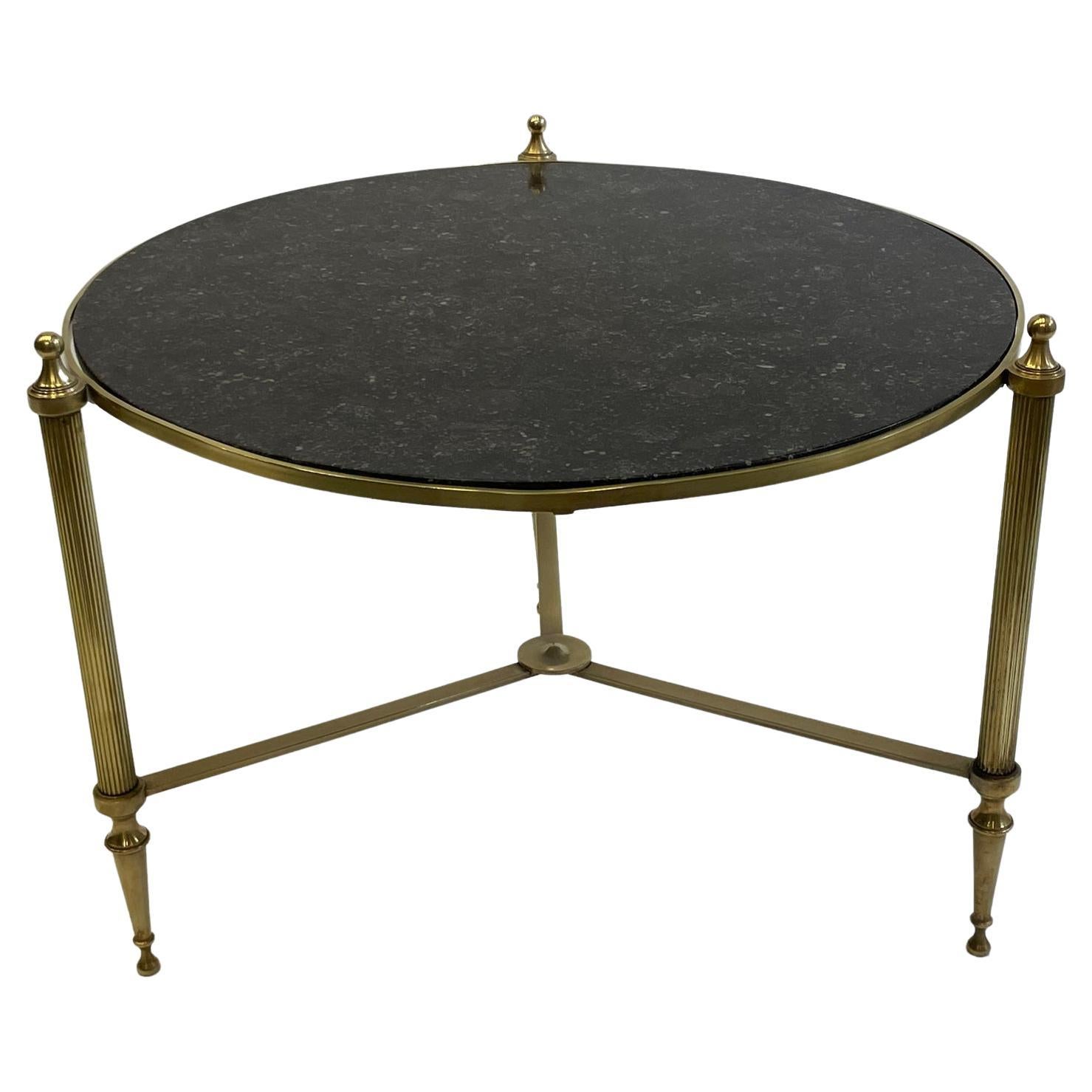Sophisticated Round Maison Jansen Style Brass Coffee Table with Black Marble Top