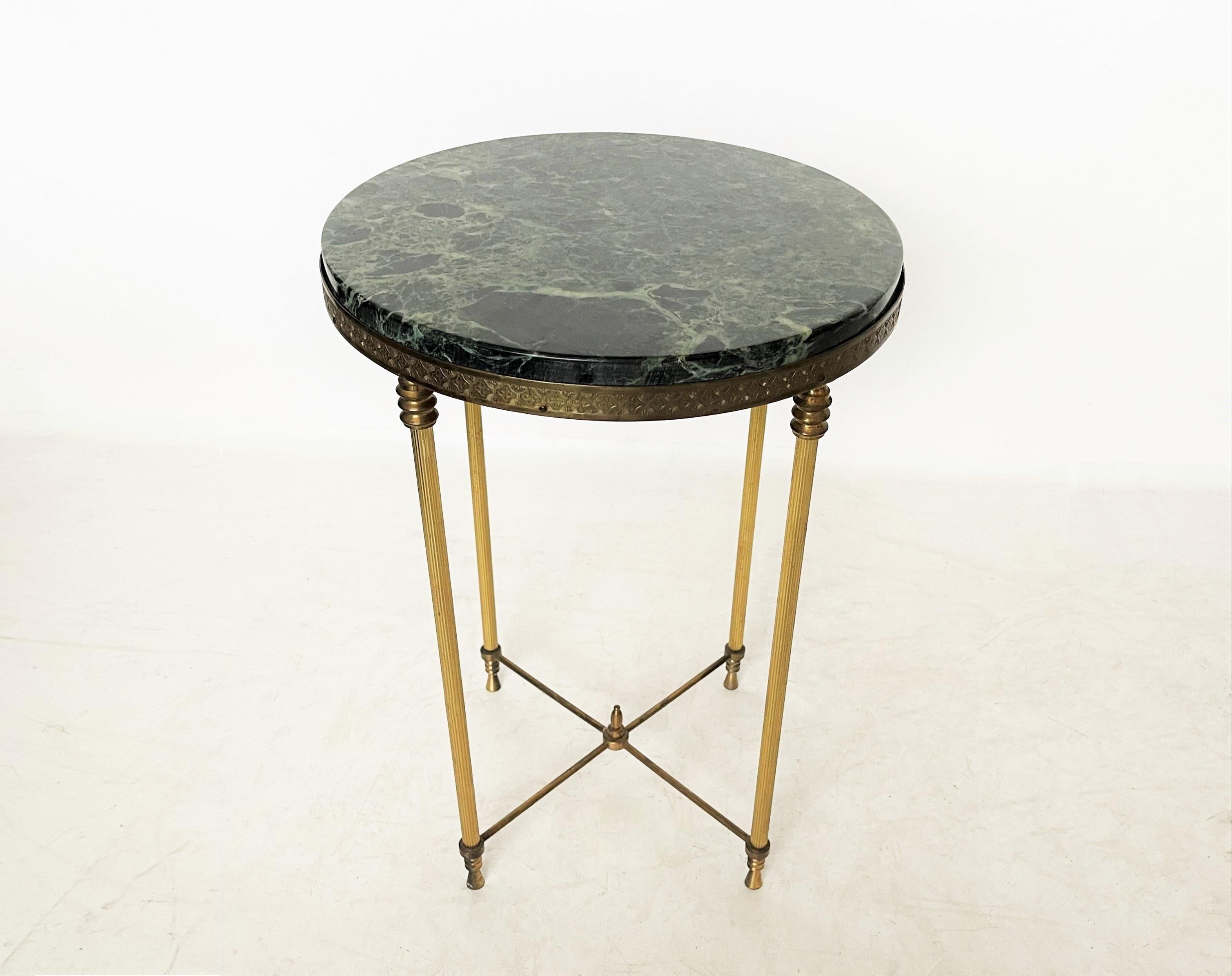 20th Century Sophisticated Round Maison Jansen Style Brass Drink Table with Green Marble Top For Sale