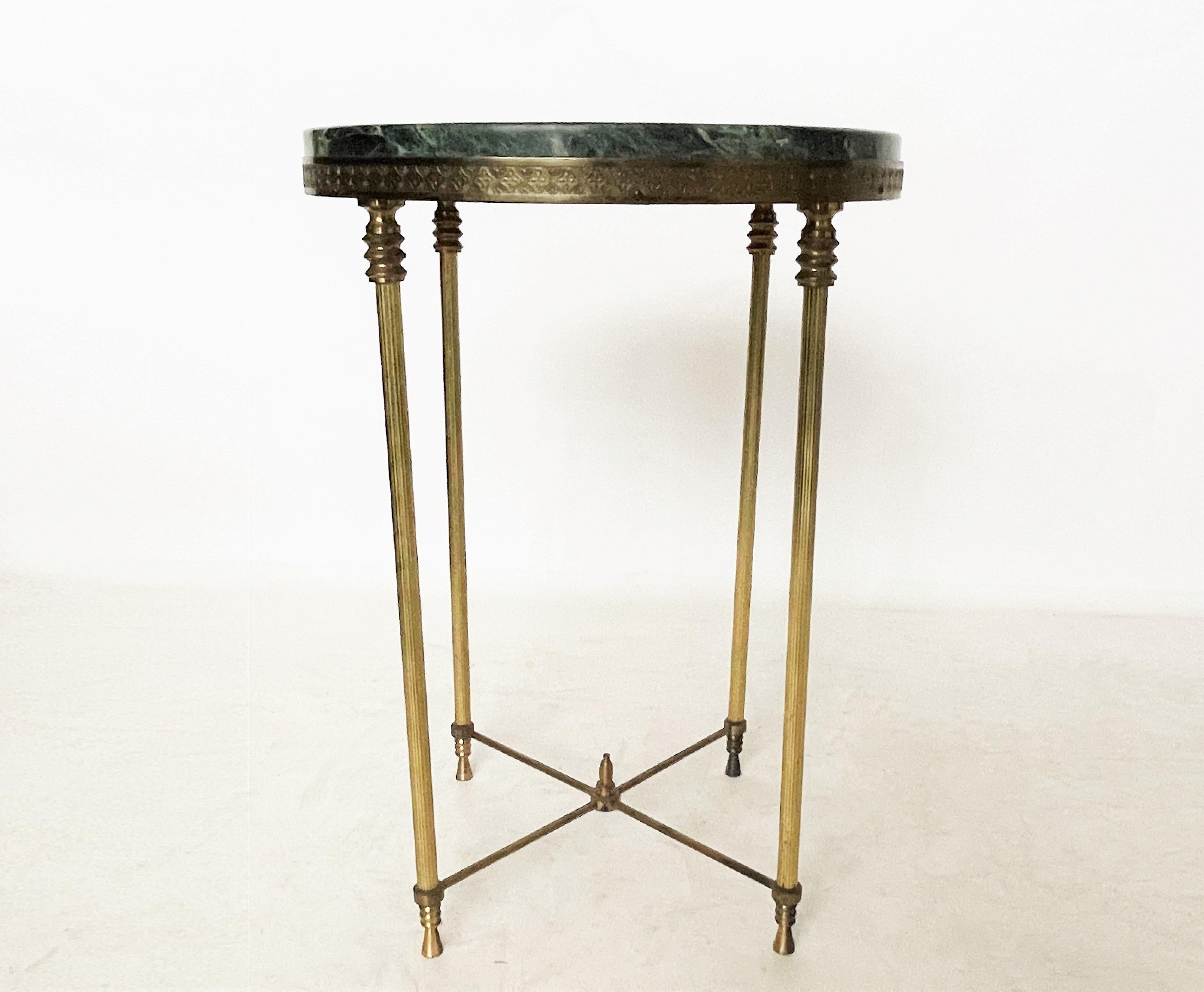 Sophisticated Round Maison Jansen Style Brass Drink Table with Green Marble Top For Sale 2