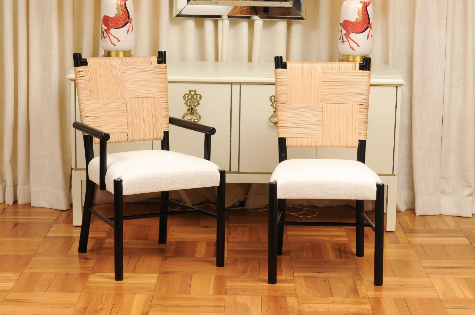 This magnificent large set of dining chairs is Unique on the World market. The set is shipped as professionally photographed and described in the listing narrative: Meticulously professionally restored, newly custom upholstered and completely