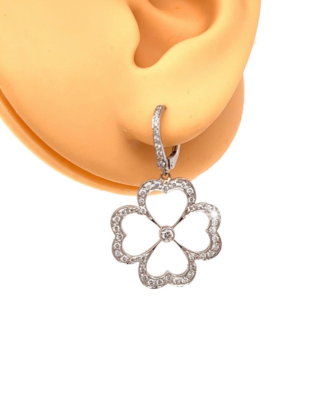 The ultimate good luck charm, pave diamond four leaf clover earrings.  This sophisticated talisman features 4.4 grams of 18 kt white gold lever backs.  There is approximately 1 cttw in pave diamonds.  VS-SI in clarity, G-H in color.   The clover is