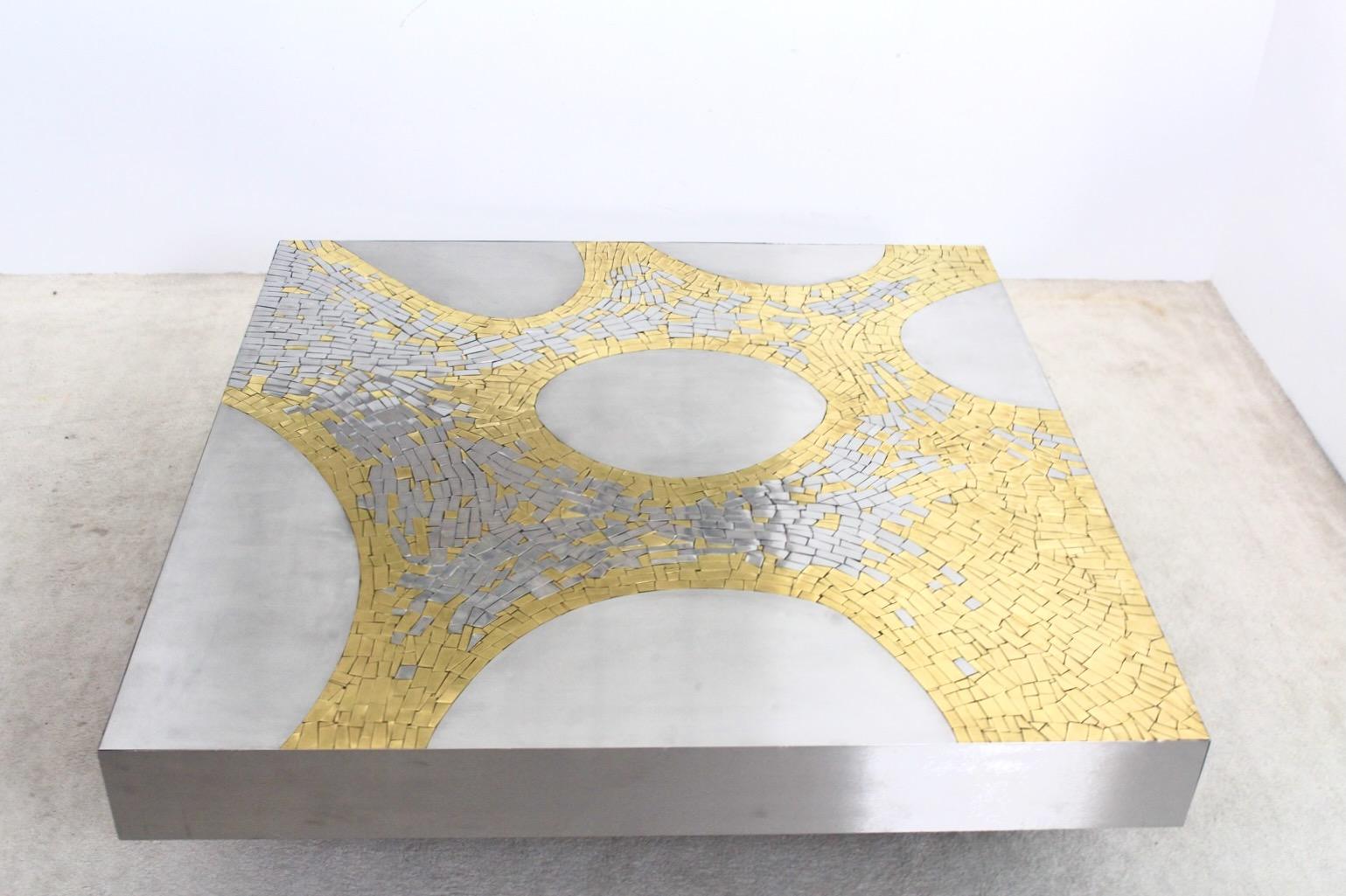 Sophisticated Stainless Steel and Brass Coffee Table by Jean Claude Dresse For Sale 5