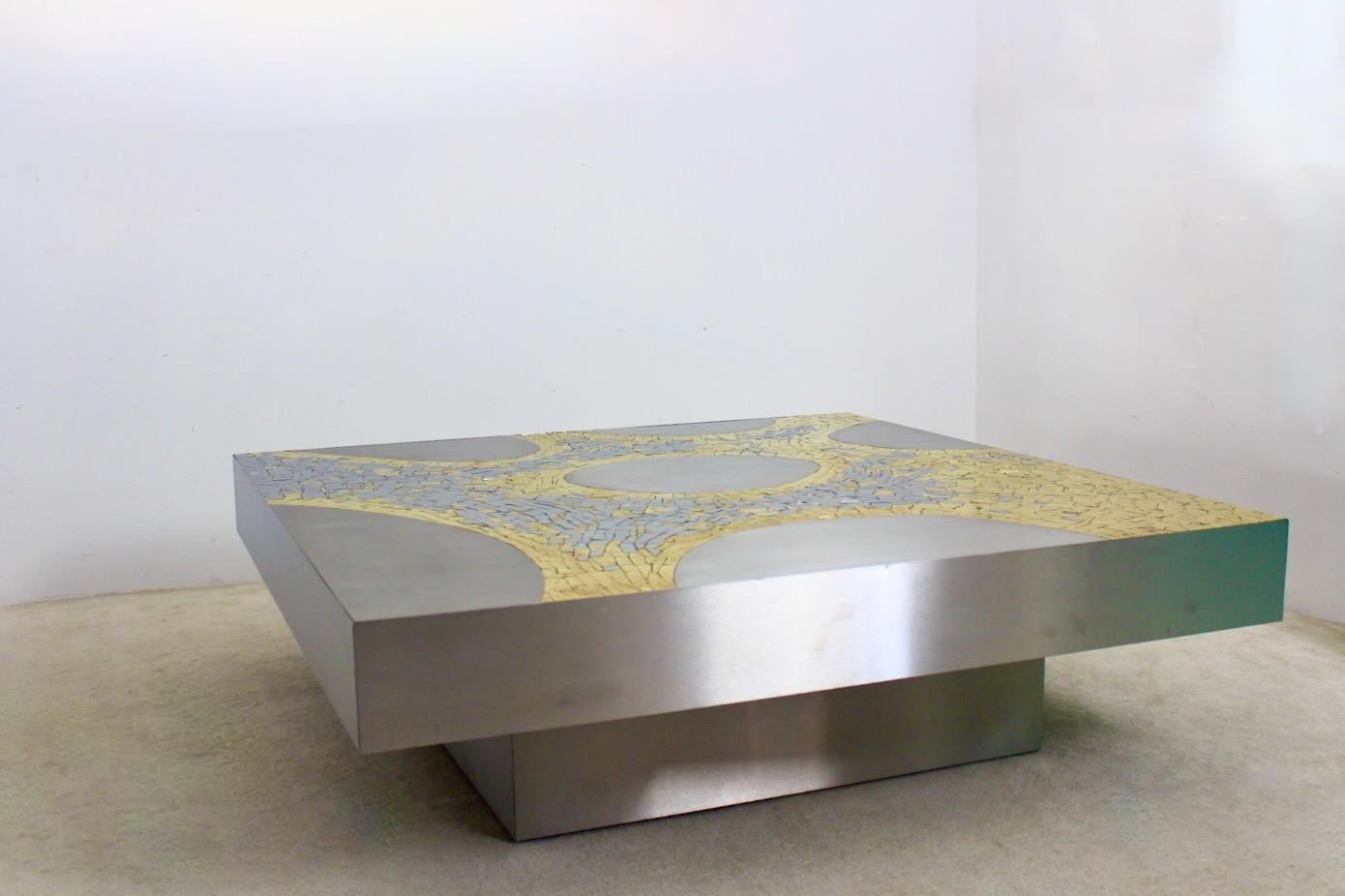 Sophisticated Stainless Steel and Brass Coffee Table by Jean Claude Dresse For Sale 8