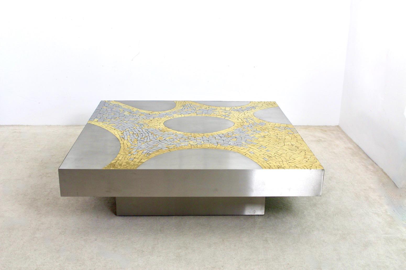 Sophisticated Stainless Steel and Brass Coffee Table by Jean Claude Dresse For Sale 9