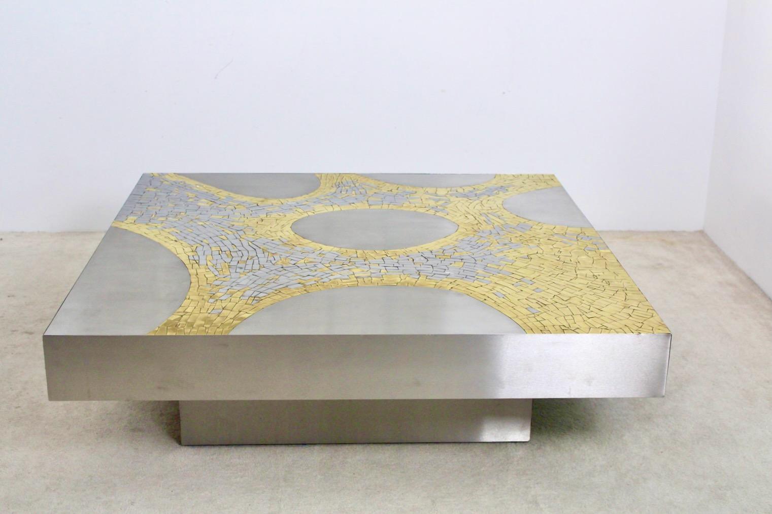 Sophisticated Stainless Steel and Brass Coffee Table by Jean Claude Dresse For Sale 1