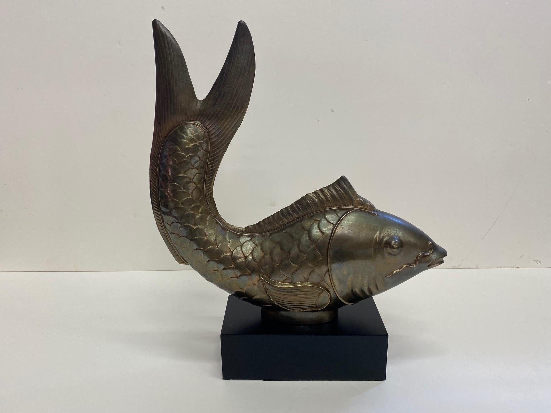 Sophisticated Stylized Patinated Brass Sculpture of a Fish For Sale 1