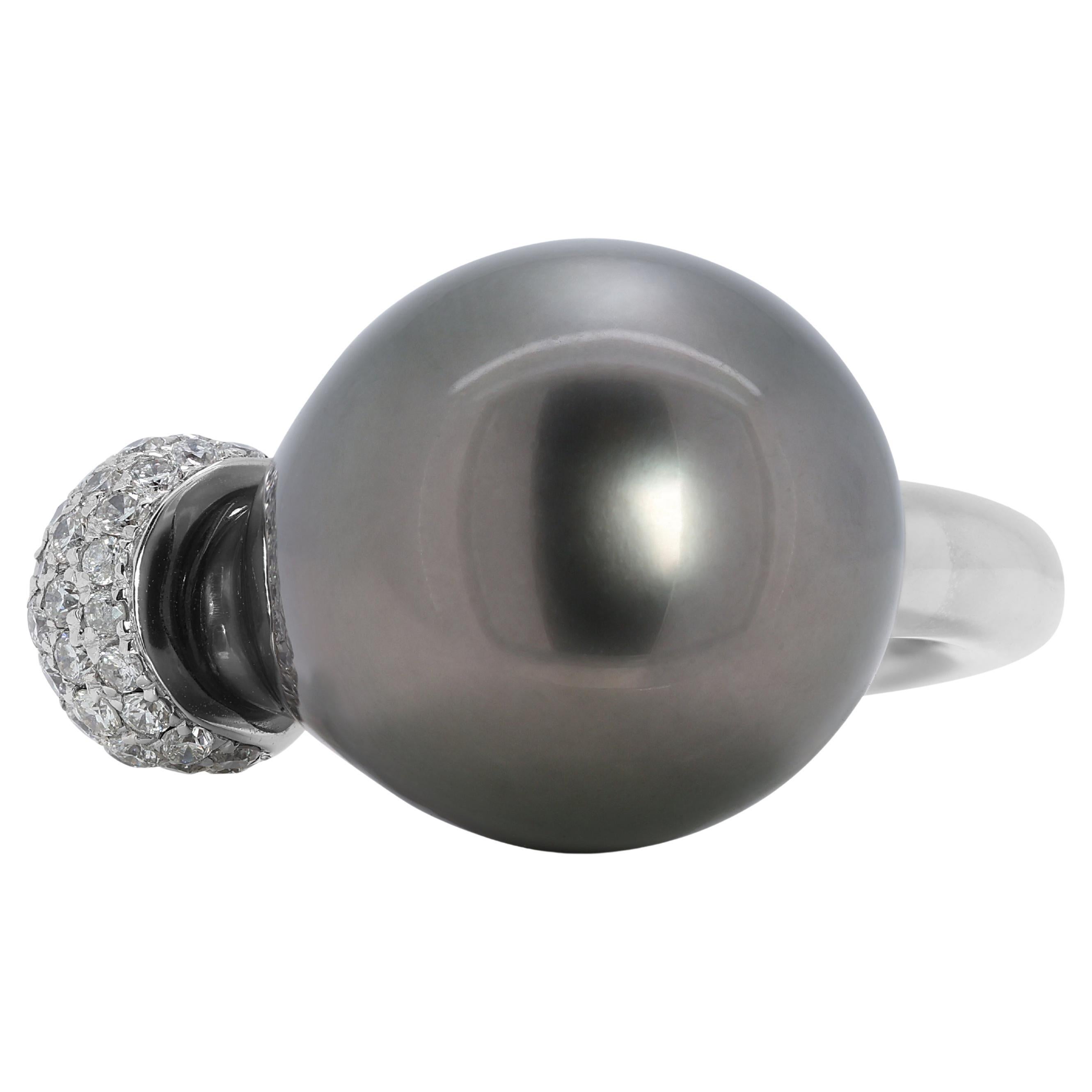 Sophisticated Tahitian Pearl Ring with Natural Diamonds in 18K White Gold For Sale