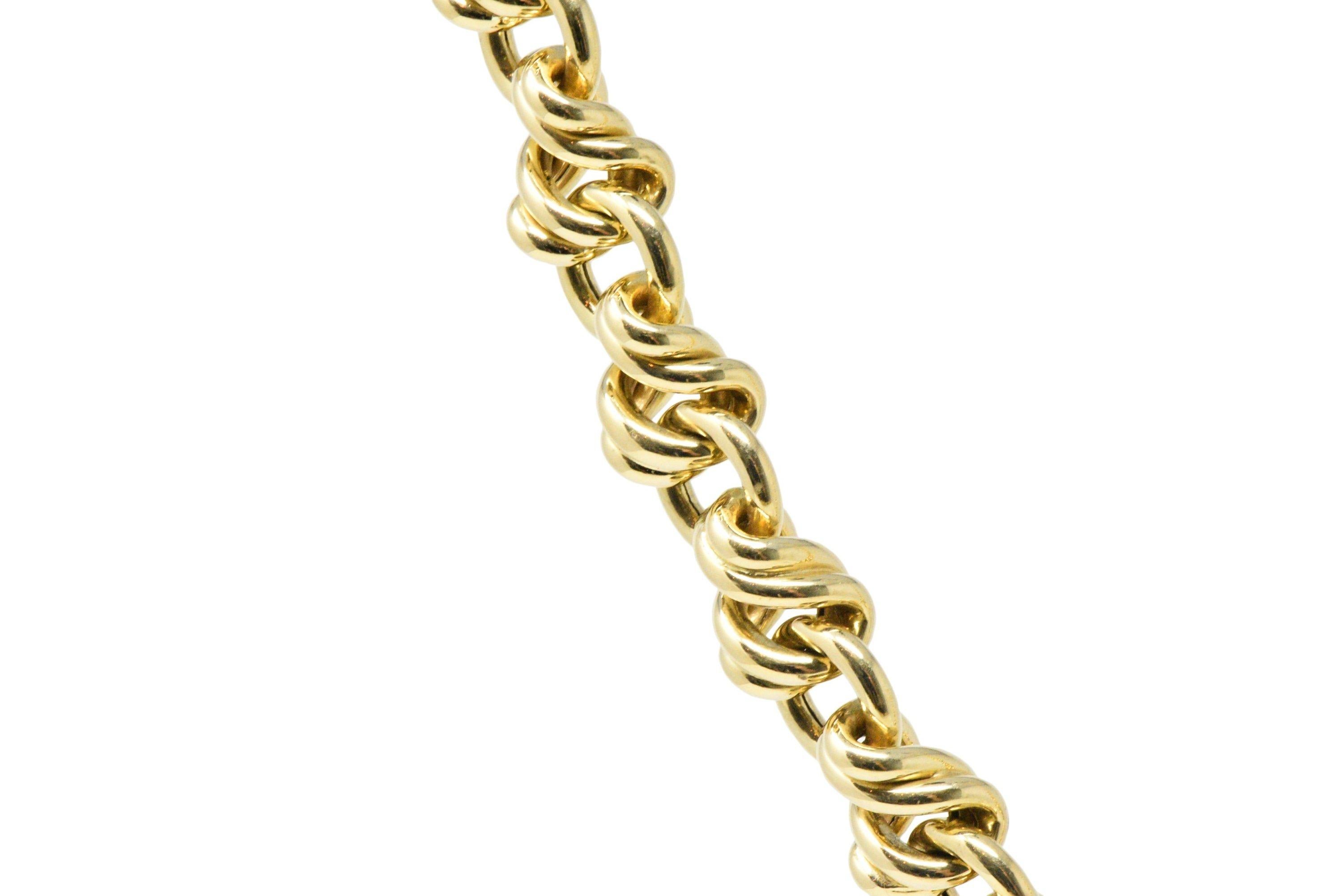Chain style necklace comprised of round links alternating with a twisted curbed link 

With a bright polish

Completed by lobster clasp

Fully signed Tiffany & Co. 

Length: 17 inches

Total Weight: 60.3 Grams

Classy. Sophisticated. Effortless.
 

