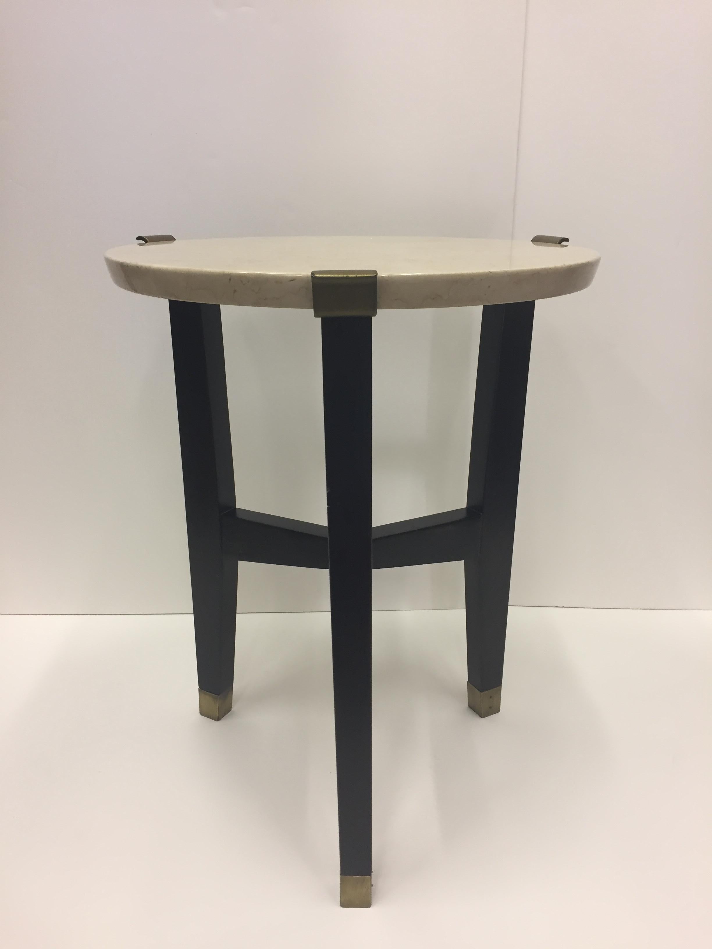 American Sophisticated Travertine and Ebonized Side or Occasional Table