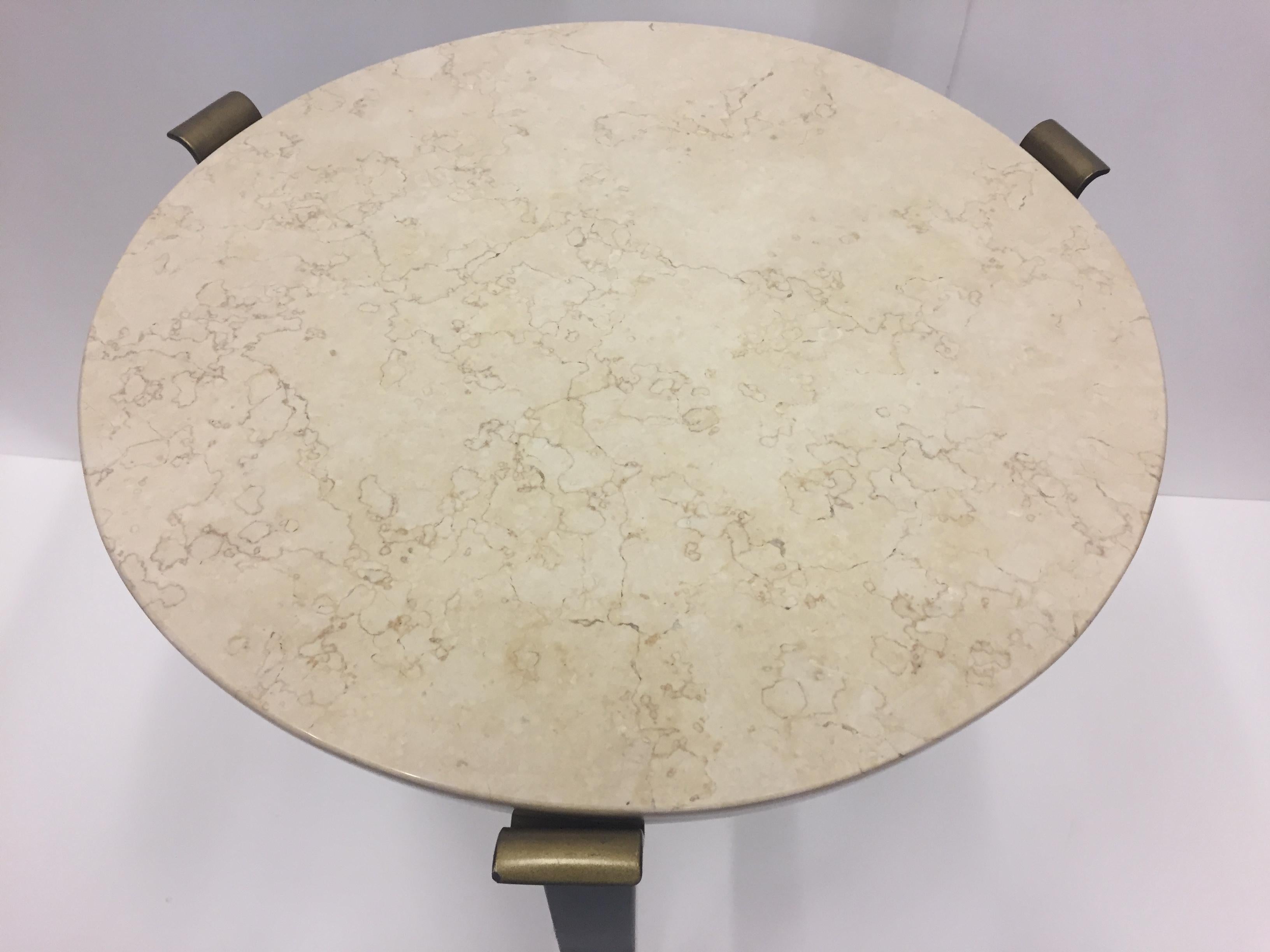 Late 20th Century Sophisticated Travertine and Ebonized Side or Occasional Table