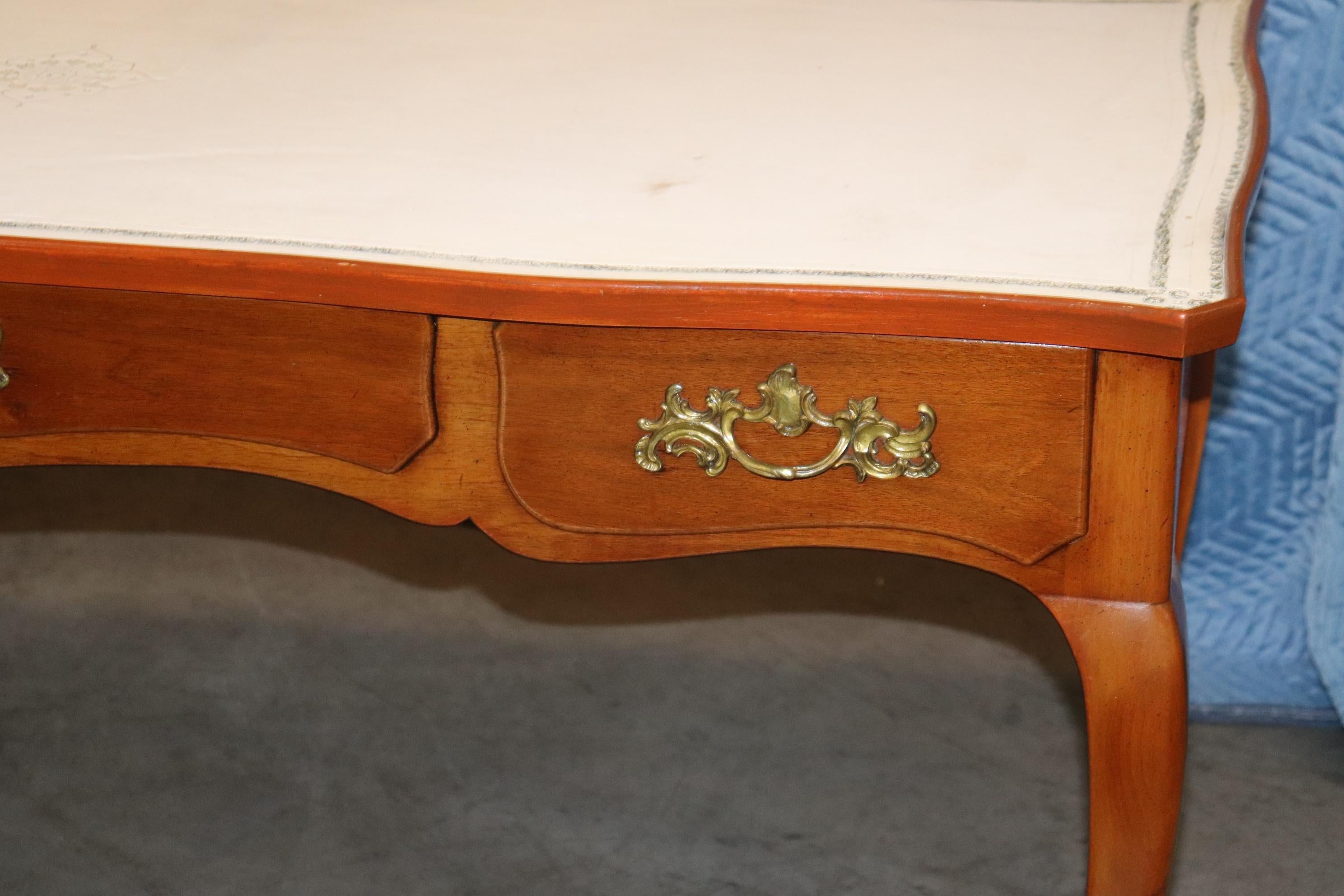 Sophisticated White Embossed Leather Top Walnut French Louis XV Style Desk 9