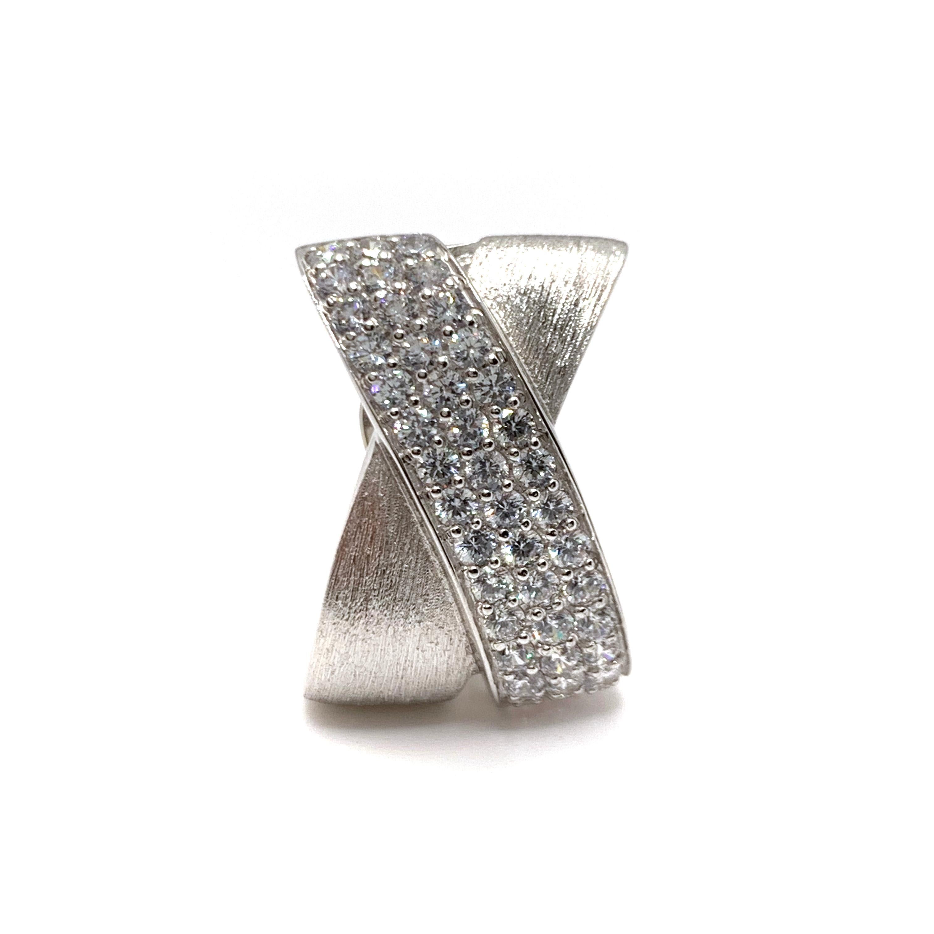 Contemporary Sophisticated X-shape Pave and Sterling Silver Clip-on Earrings