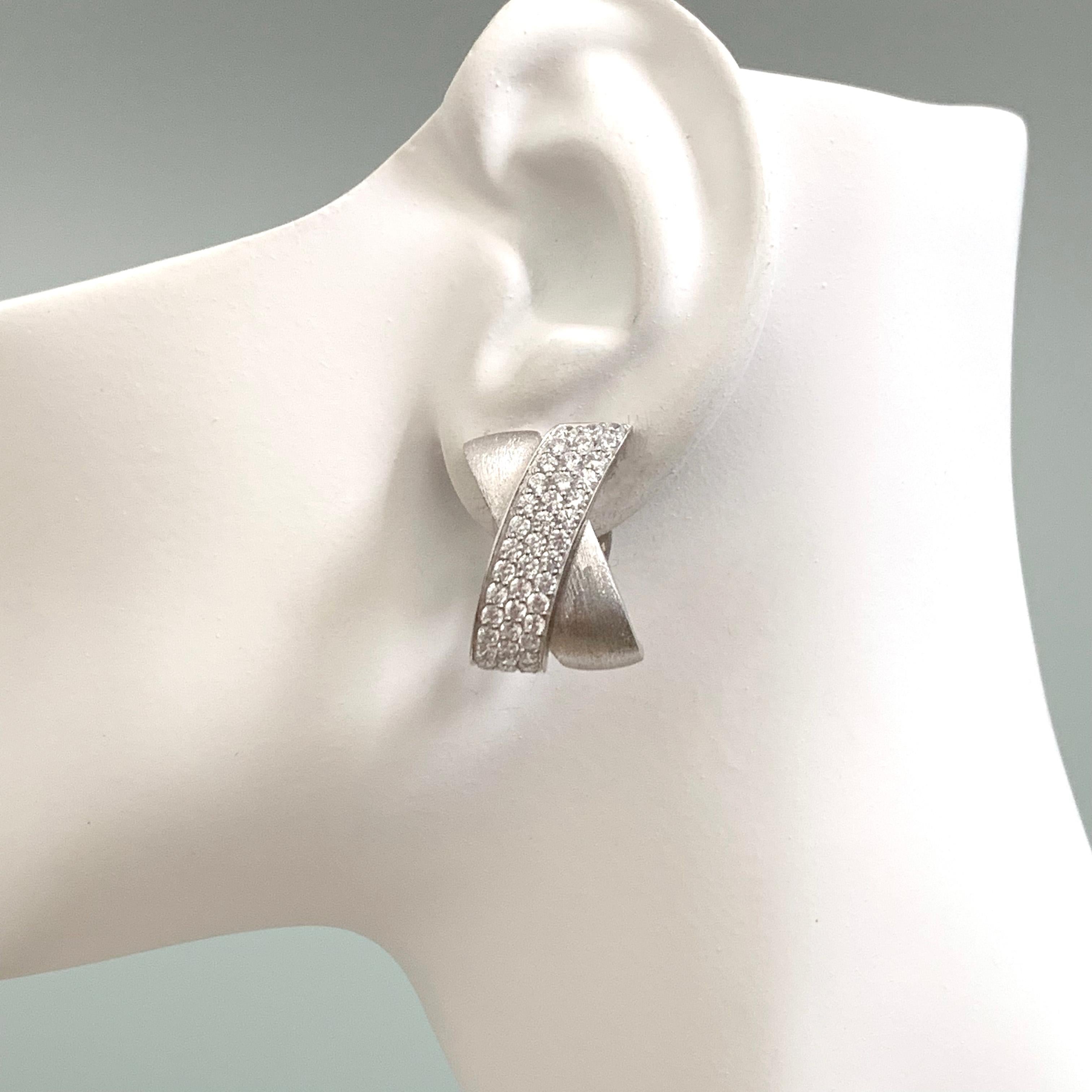 Sophisticated X-shape Pave and Sterling Silver Clip-on Earrings 2