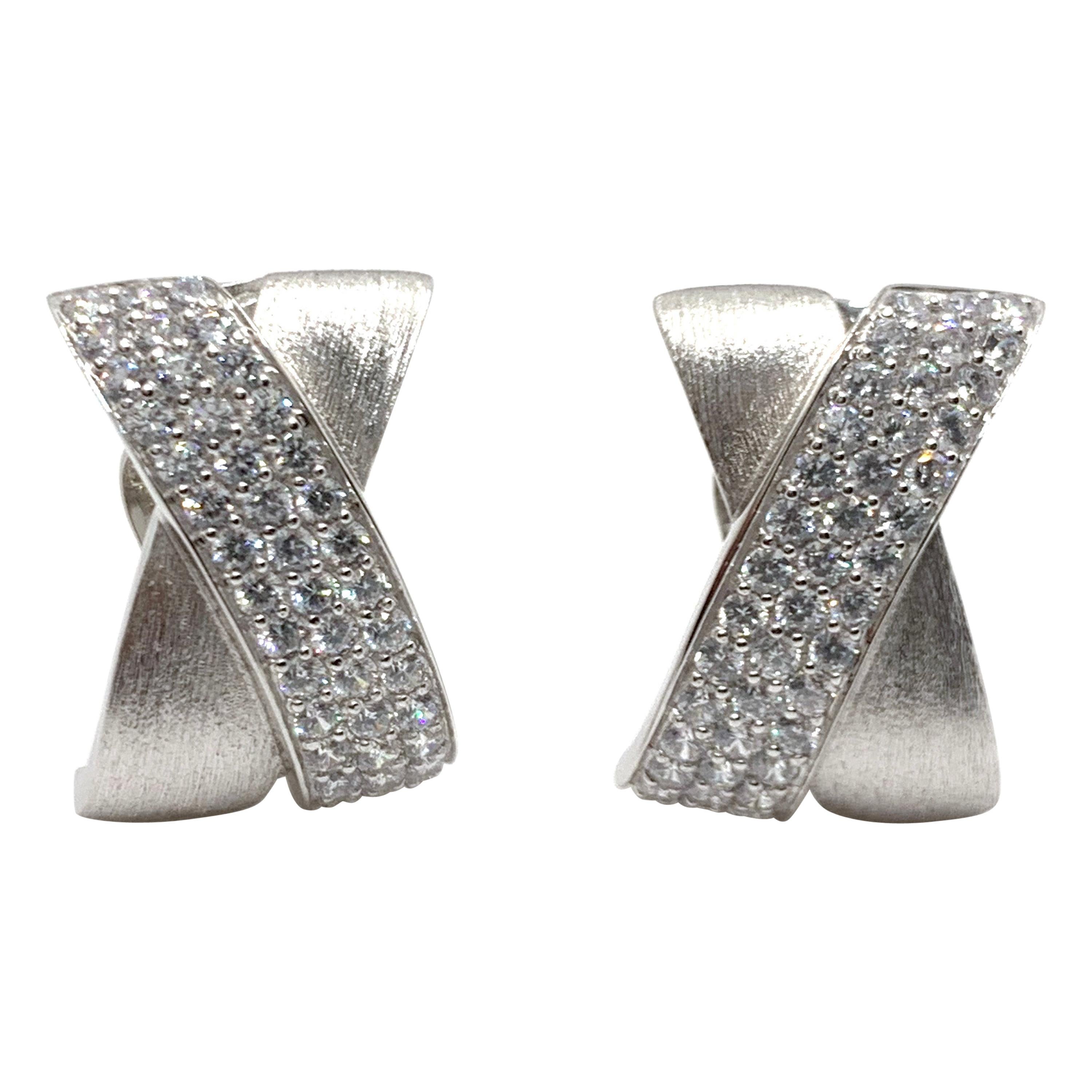 Sophisticated X-shape Pave and Sterling Silver Clip-on Earrings