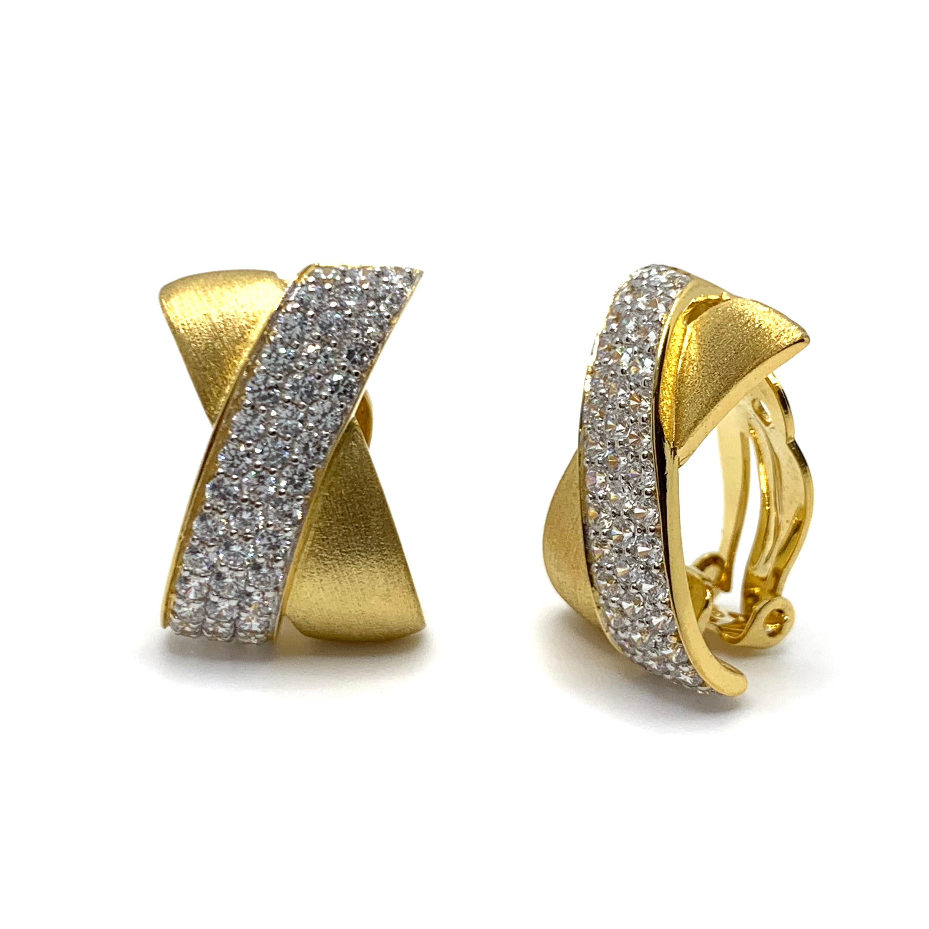 Contemporary Sophisticated X-shape Pave and Vermeil Clip-on Earrings