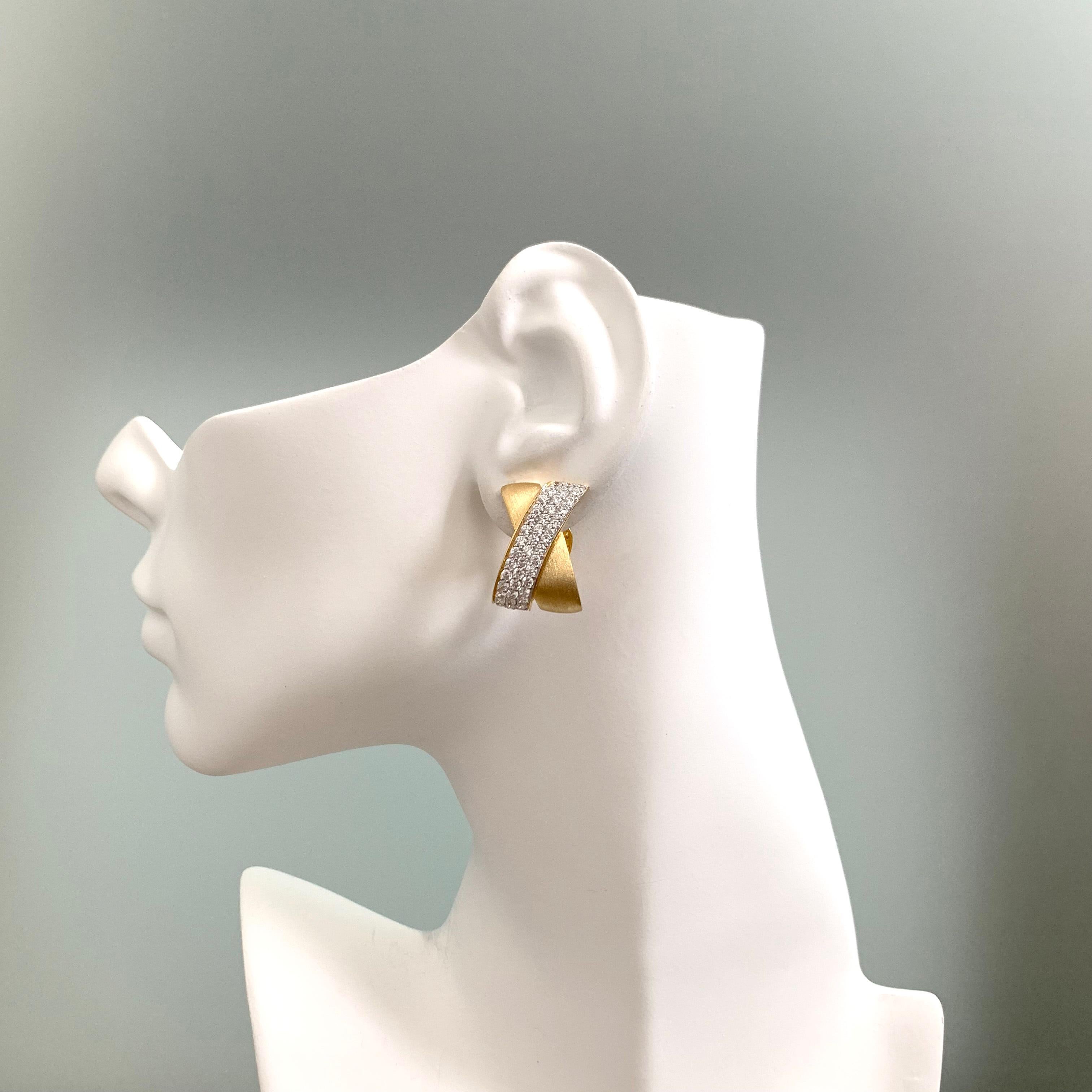 Sophisticated X-shape Pave and Vermeil Clip-on Earrings In New Condition In Los Angeles, CA