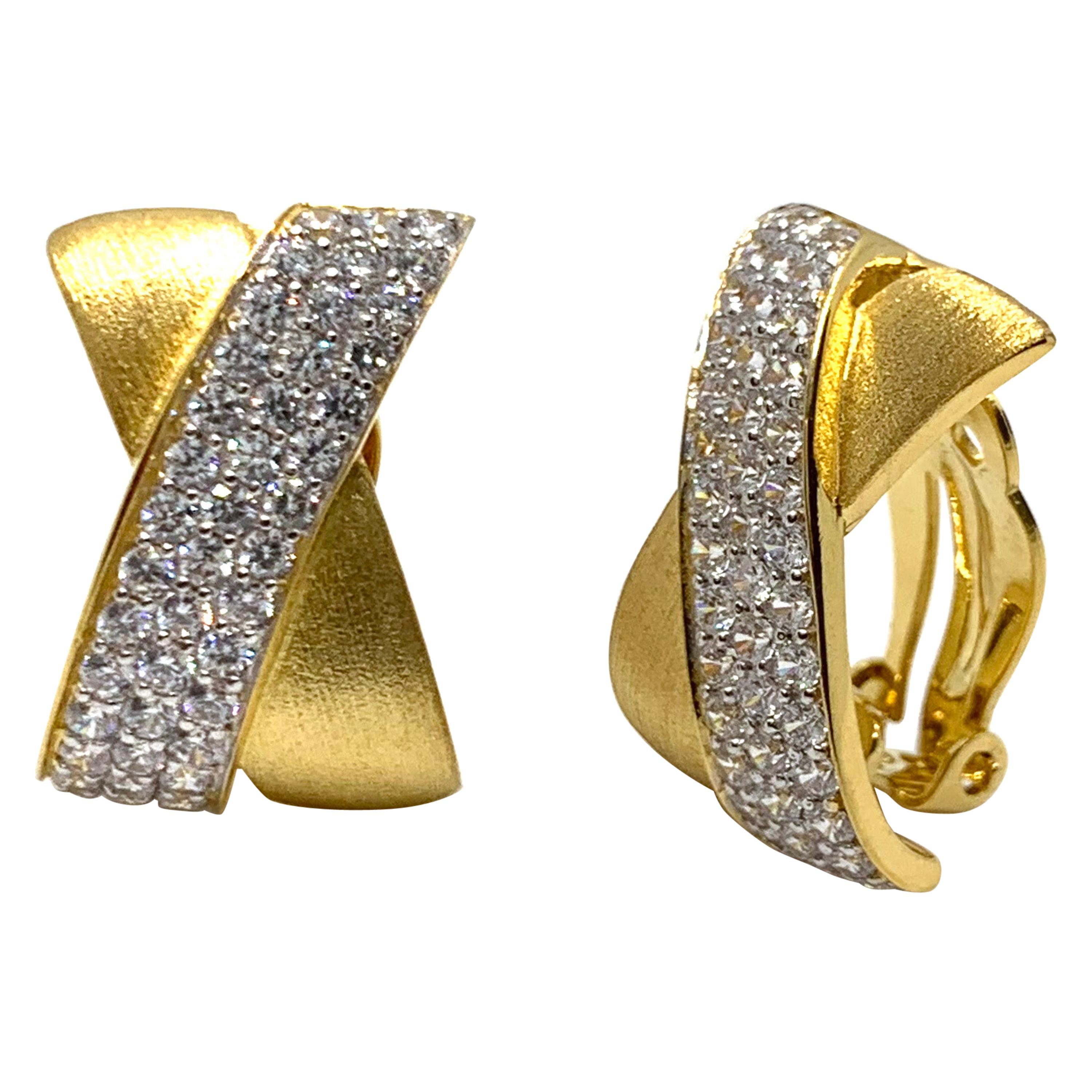 Sophisticated X-shape Pave and Vermeil Clip-on Earrings