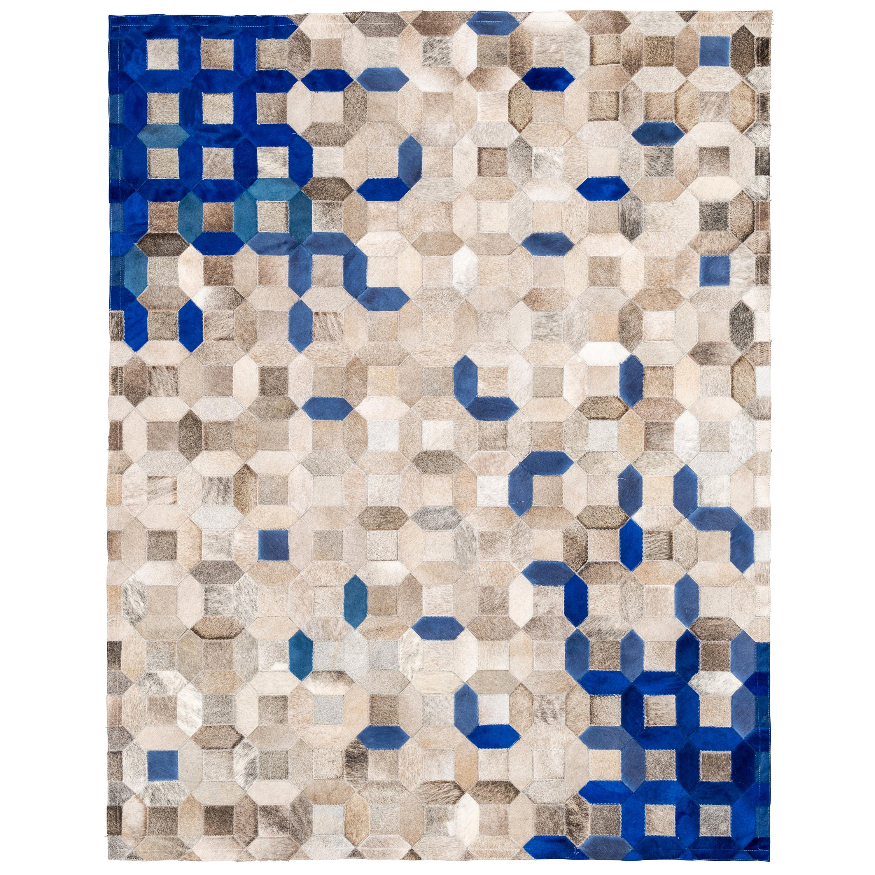 Sophisticated, Yet Classic Trellis Blue Cowhide Area Floor Rug Small For Sale