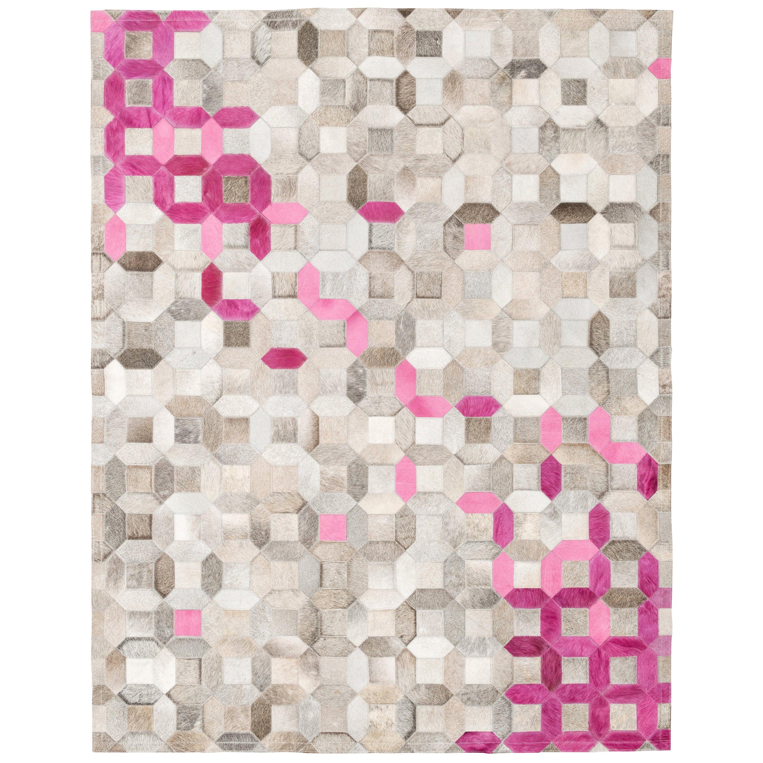 Pink, gray tessellation Trellis Pink Customizable Cowhide Area Floor Rug Large For Sale
