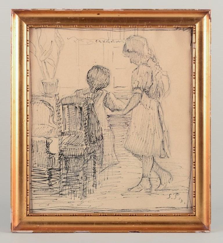 Sophus Paulsen (1883-1935), Danish painter.
Pencil drawing. Double portrait of the girls by a desk, seen from behind.
Signed SP.
Dated 1901 on the back.
Gold frame from the period. In good condition with many chips. 
Framed behind glass.
Perfect