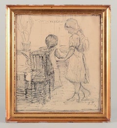 Sophus Paulsen (1883-1935), Danish painter. Pencil drawing. Girls by a desk.